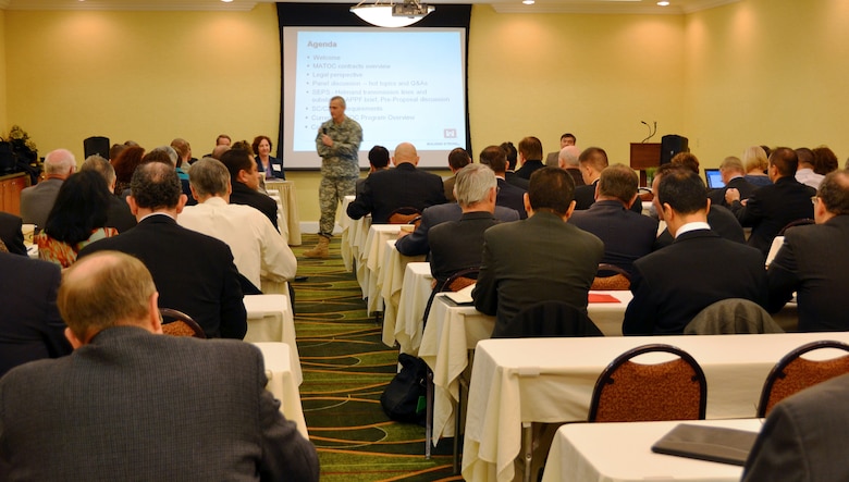 WINCHESTER, Va. — Col. Jon Christensen, U.S. Army Corps of Engineers Middle East District commander, comes contractors representing the USCENTCOM MATOC holding firms to the post award conference.