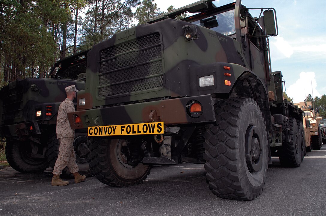 Marines from Combat Logistics Battalion-8, Second Marine Logistics Group, Camp Lejeune, N.C., conduct their first long-range convoy in the U.S., making Marine Corps Logistics Base Albany the halfway point. Arriving here March 13, they began their journey March 12