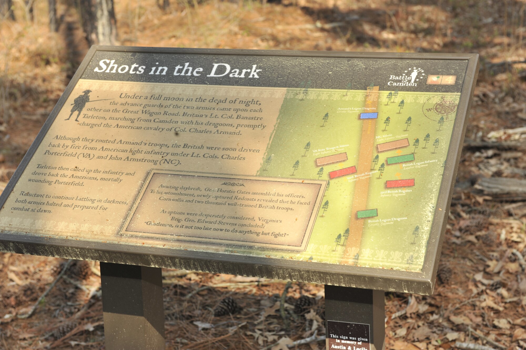 This sign portrays oversight and troop movement of the Battle of Camden, a Revolutionary War site, at Camden S.C. March 21, 2012. The battle stopped the British from moving further inland during the Revolutionary War in 1780. (U.S. Air Force photo by Senior Airman Neil D. Warner/Released)
