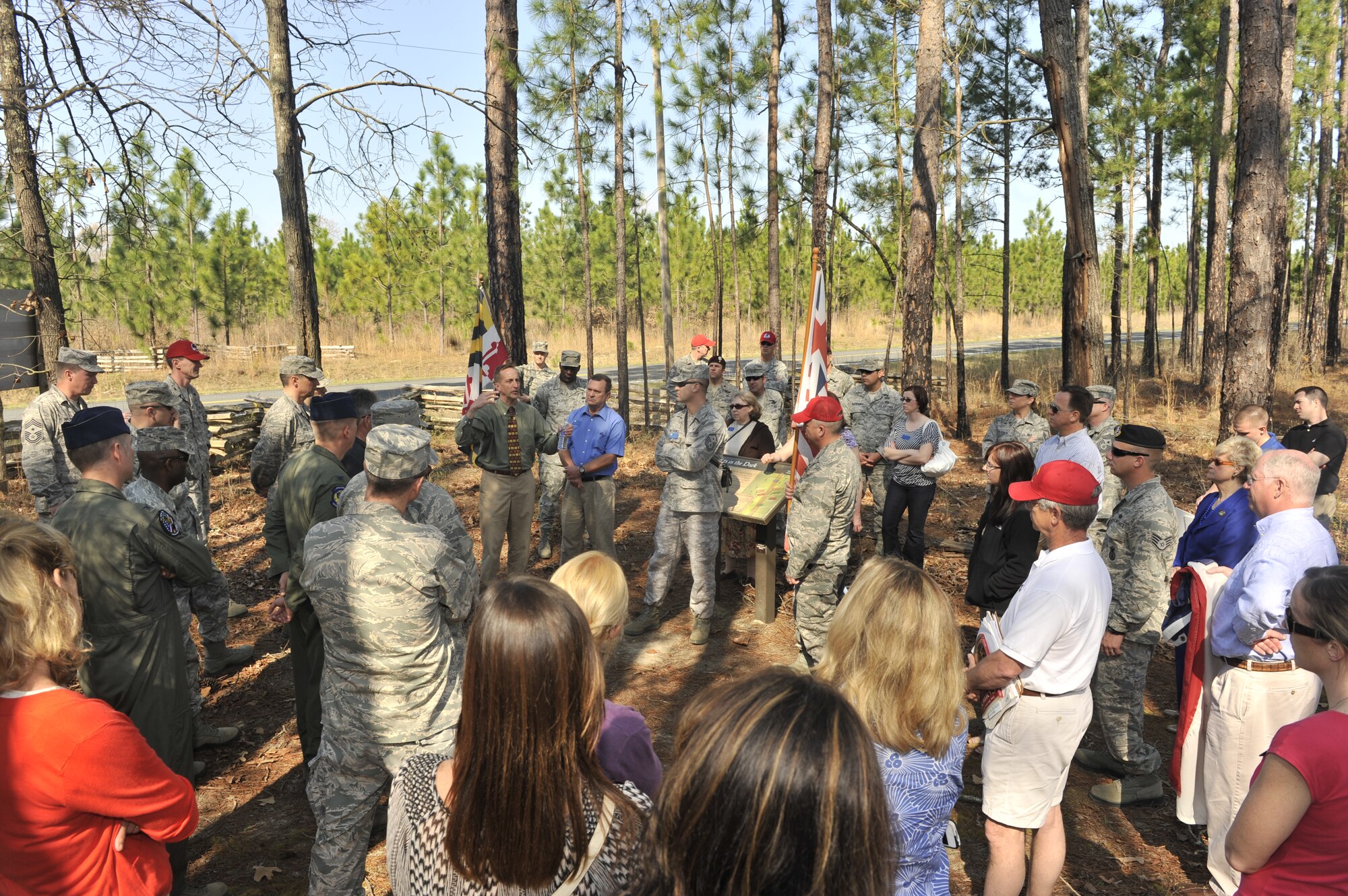 David Reuwer, American Revolutionary War Association president, leads a tour of the Battle of Camden, a Revolutionary War site, at Camden S.C. March 21, 2012. The battle stopped the British from moving further inland during the Revolutionary War in 1780. (U.S. Air Force photo by Senior Airman Neil D. Warner/Released)