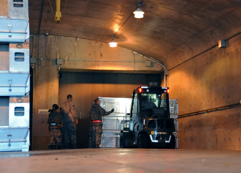 Airmen from the 2nd Munitions Squadron stack Miniature Air Launch Decoys in the munitions storage area on Barksdale Air Force Base, La., March 21. The B-52H Stratofortress is capable of carrying up to 16 MALDs at a time while the F-16 Fighting Falcon can carry up to four. (U.S. Air Force photo/Airman 1st Class Micaiah Anthony)(RELEASED)
