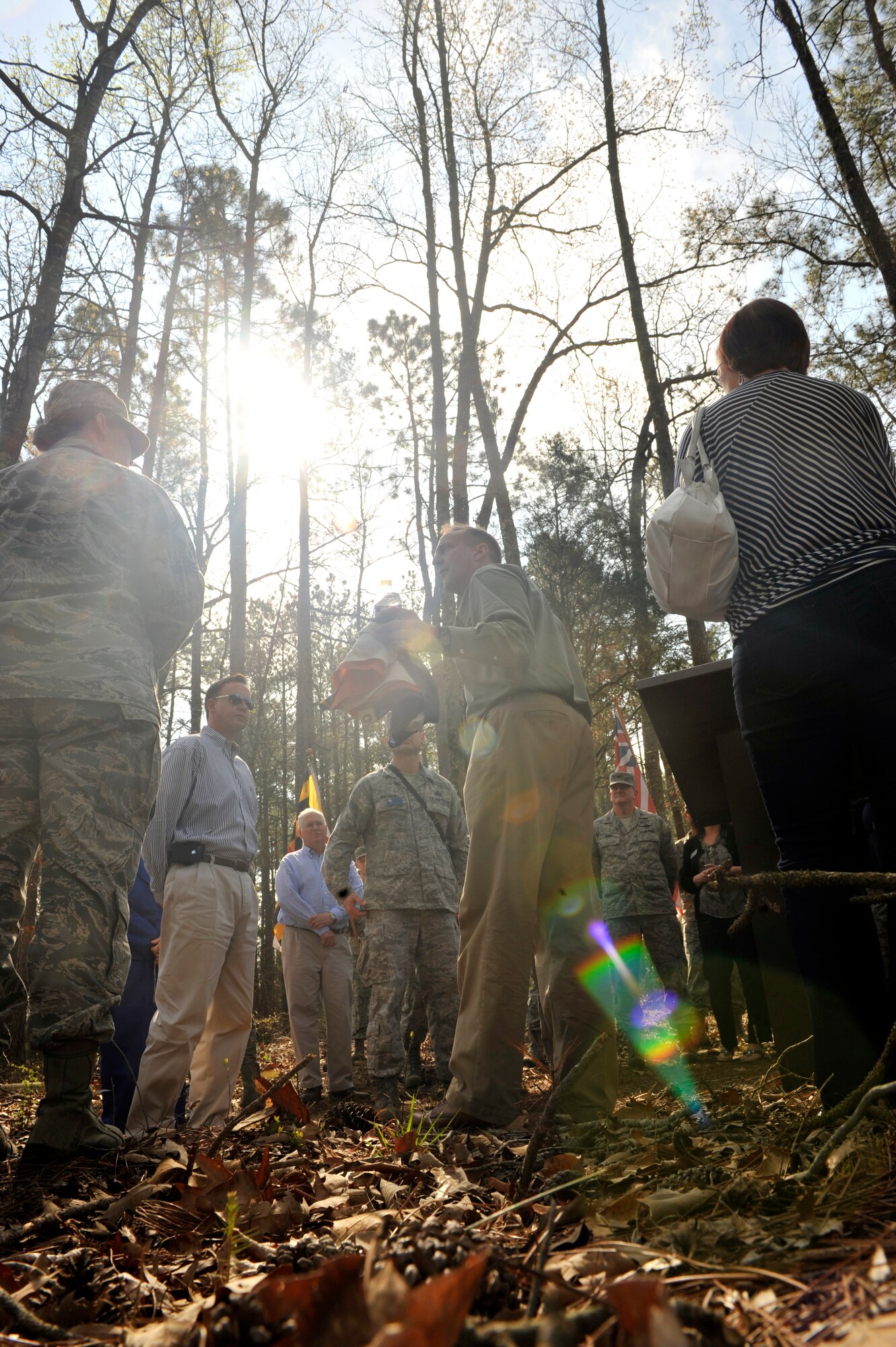 David Reuwer, American Revolutionary War Association president, leads a tour of the Battle of Camden, a Revolutionary War site, at Camden S.C. March 21, 2012. The battle stopped the British from moving further inland during the Revolutionary War in 1780. (U.S. Air Force photo by Senior Airman Neil D. Warner/Released)