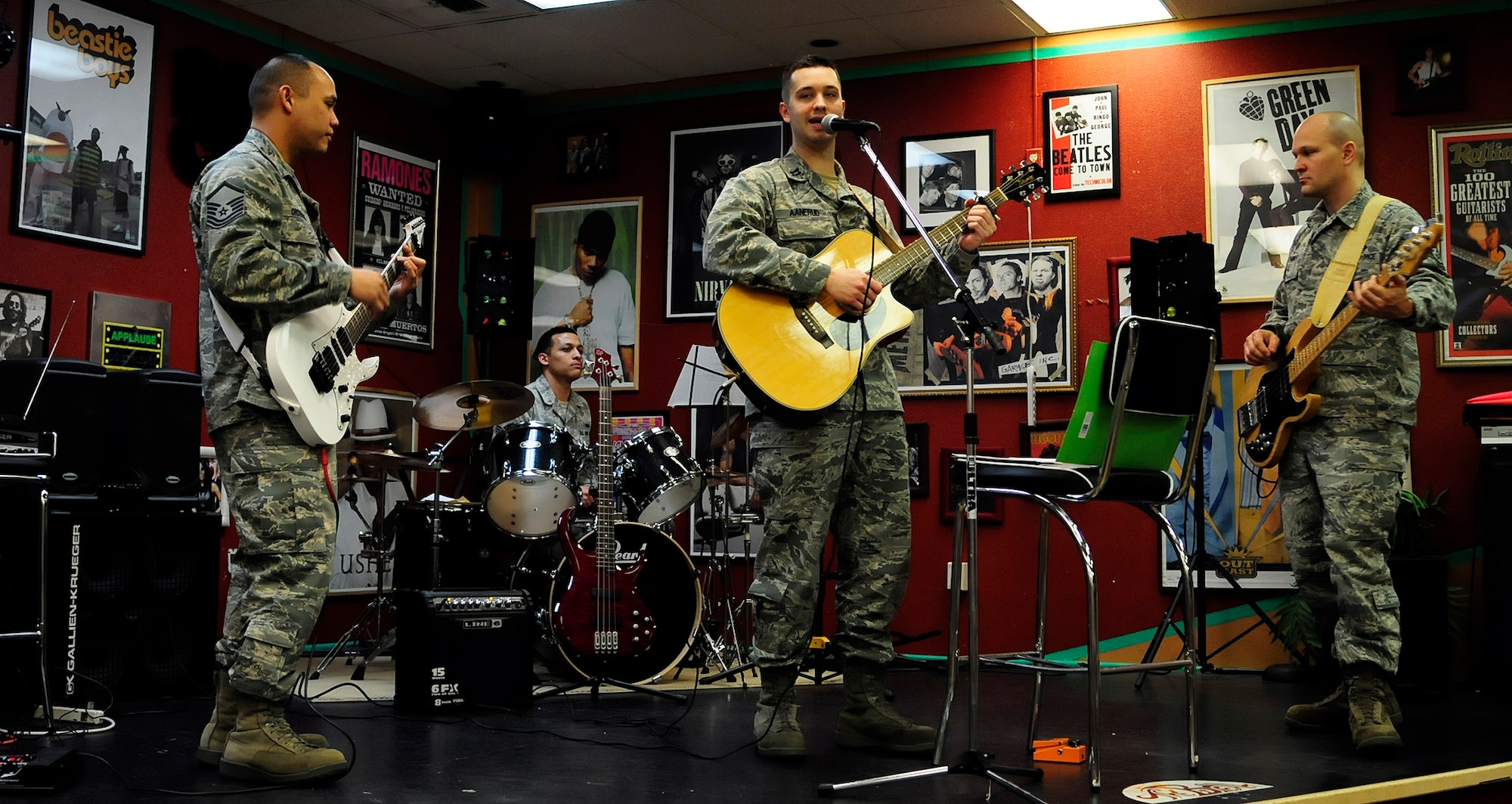 Members of Red Ball, an all-maintenance band, practice at the teen center here March 15, 2012. Red Ball will be performing at the Maintenance Professional of the Year banquet in April. (U.S. Air Force photo/Airman 1st Class Zachary Perras)