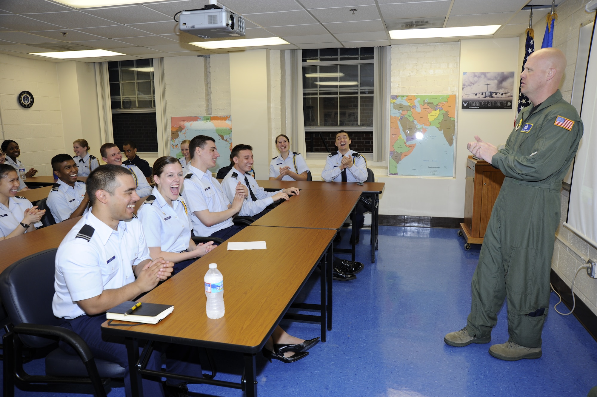 Master Sergeants Ryan Carson, The U.S. Air Force Band, Max Impact vocalist performs the rap song “tools” March 20 for Howard University Reserve Officer Training Corps cadets in Washington D.C.  Carson talked to the students, informing them of all the great opportunities the Air Force has to offer. (U.S. Air Force photo by Staff Sgt. Christopher Ruano)