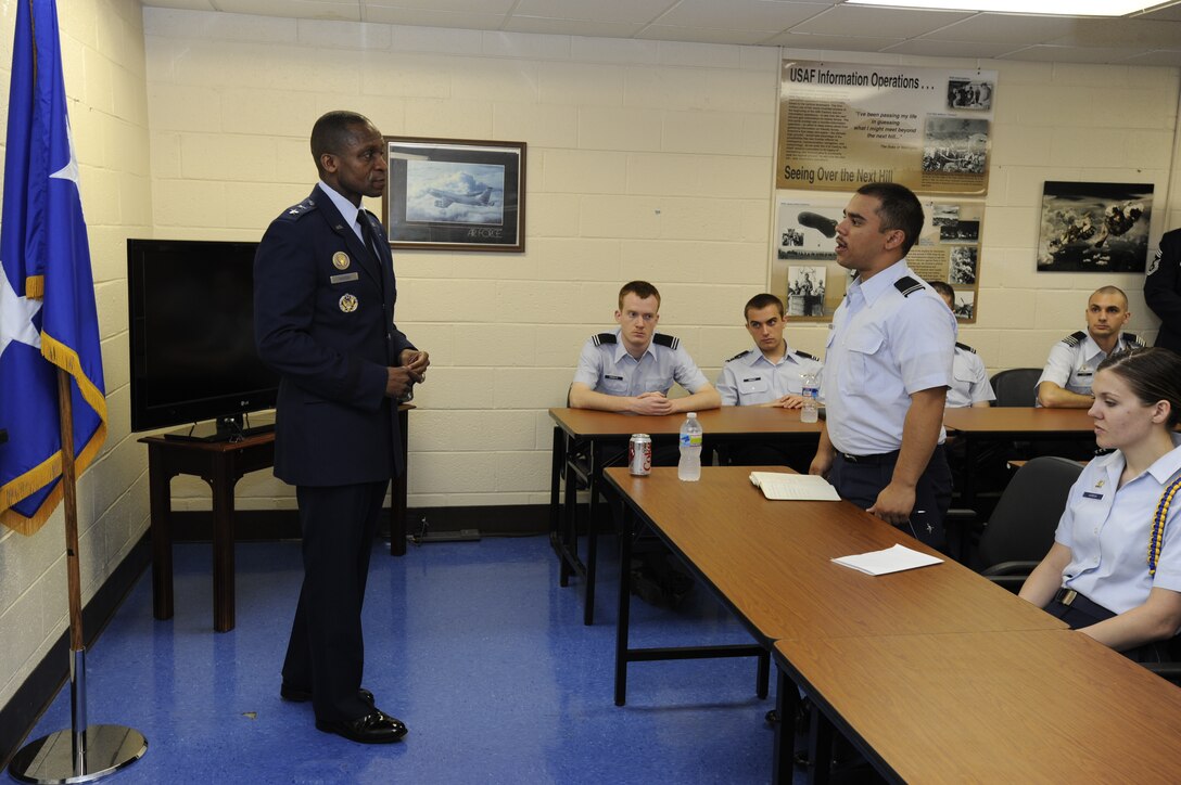 Air Force District of Washington Commander Maj. Gen. Darren W. McDew interacts with Howard University Reserve Officer Training Corps cadets March 20 in Washington D.C. McDew spoke about many topics, ranging from leading Airmen to organizational structure. “It’s good to have that wisdom being passed down from a general officer to us who are about to take that step towards becoming an officer in the military,” said AFROTC Det. 130 Wing Commander, Cadet Col. Jeff Leicy. (U.S. Air Force photo by Staff Sgt. Christopher Ruano)
