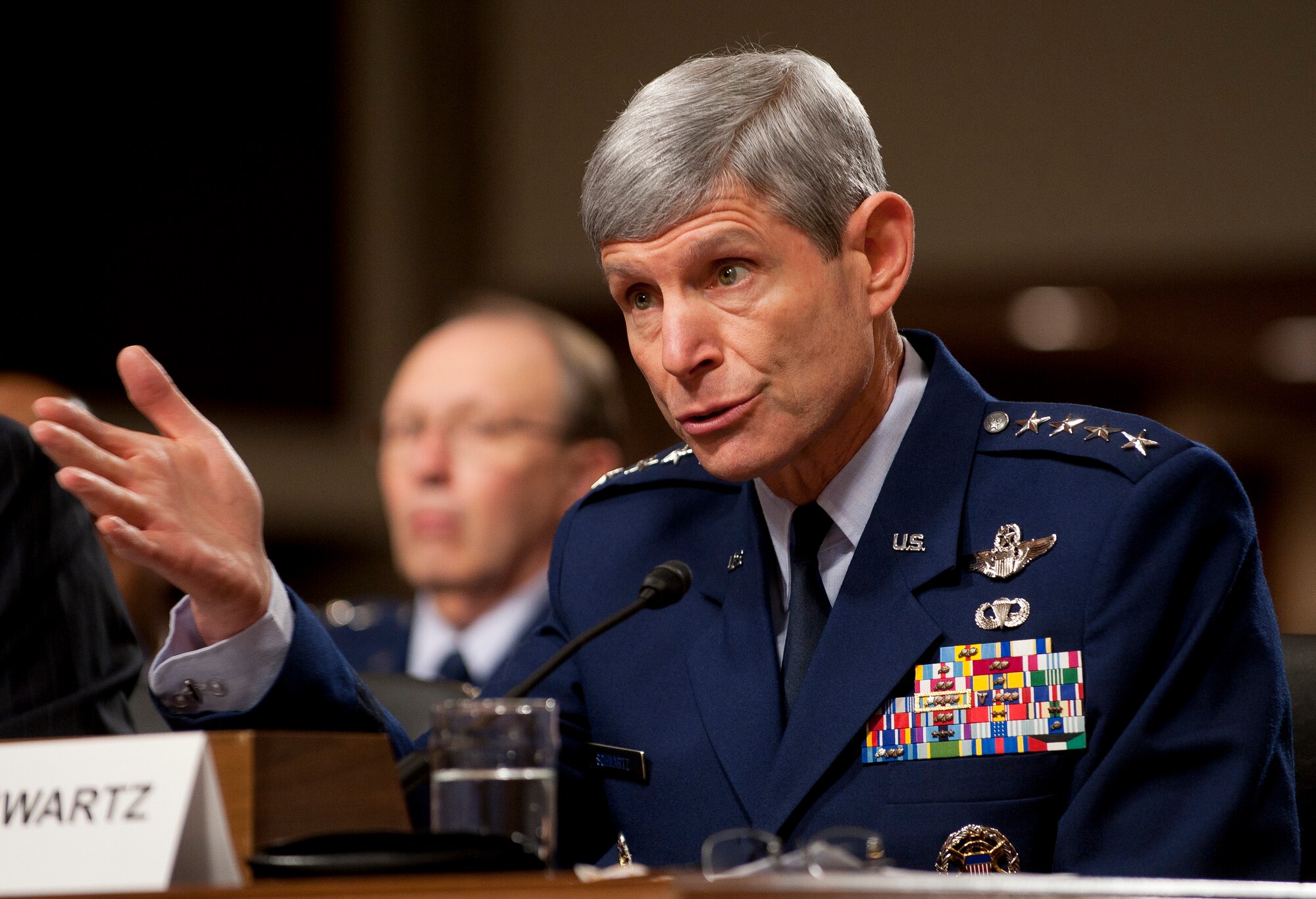 Air Force Chief of Staff Gen. Norton Schwartz answers a question during a
hearing of the Senate Armed Services Committee, March 20, 2012, in
Washington, D.C. Both Schwartz and Secretary of the Air Force Michael Donley
were on Capitol Hill to discuss the Air Force's fiscal 2013 budget request
and the Future Years Defense Program. (U.S. Air Force photo/Jim Varhegyi)
