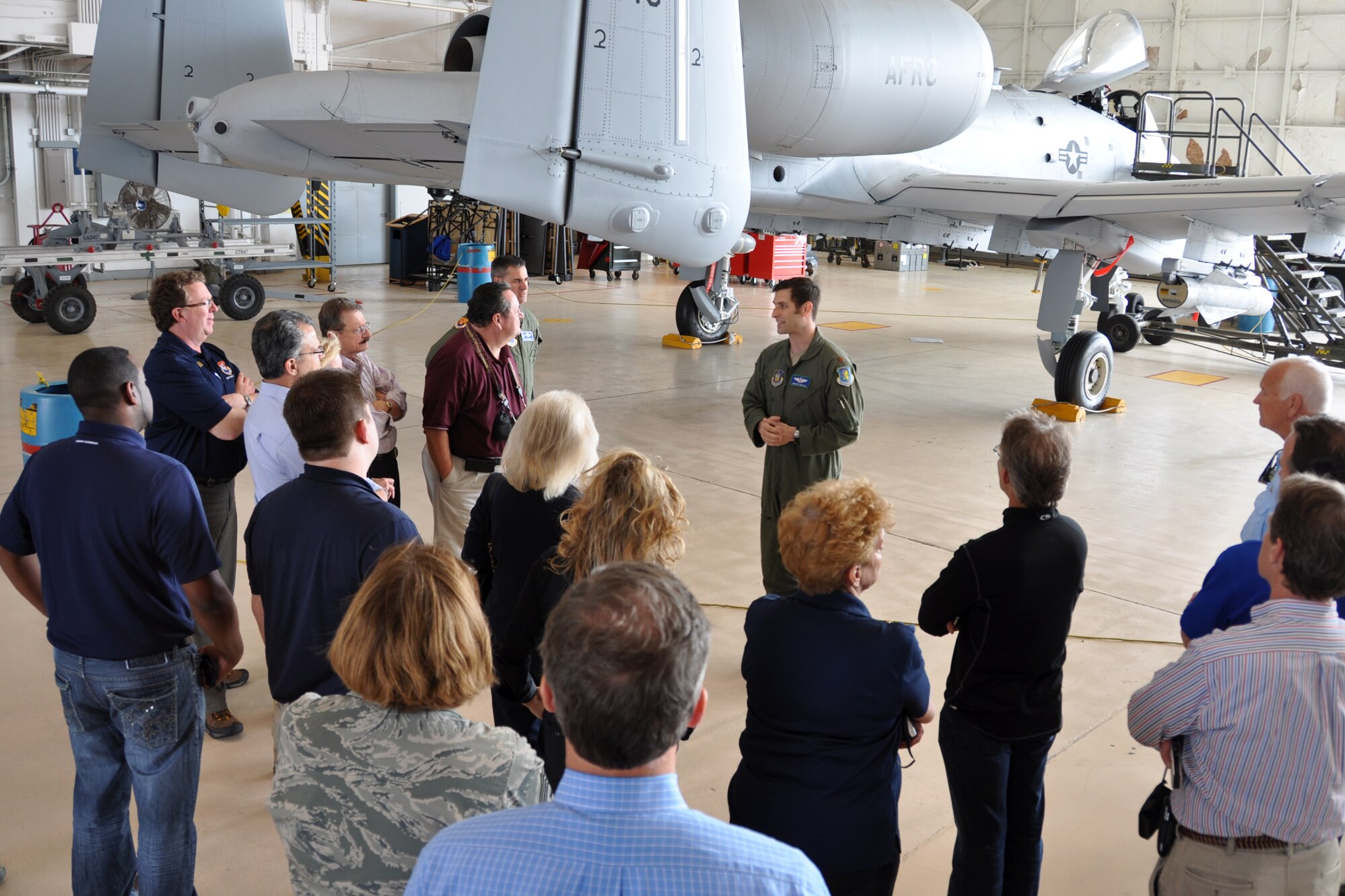 Maj. Grant McCall, an A-10 pilot assigned to the 47th Fighter Squadron, briefs a group of Florida civic leaders on the capabilities of the A-10 Thunderbolt at Barksdale Air Force Base, La., March 19, 2012. The civic leaders were at Barksdale to get a prospective on how other units in the Air Force perform their missions. (U.S. Air Force photo by Master Sgt. Jeff Walston/Released)