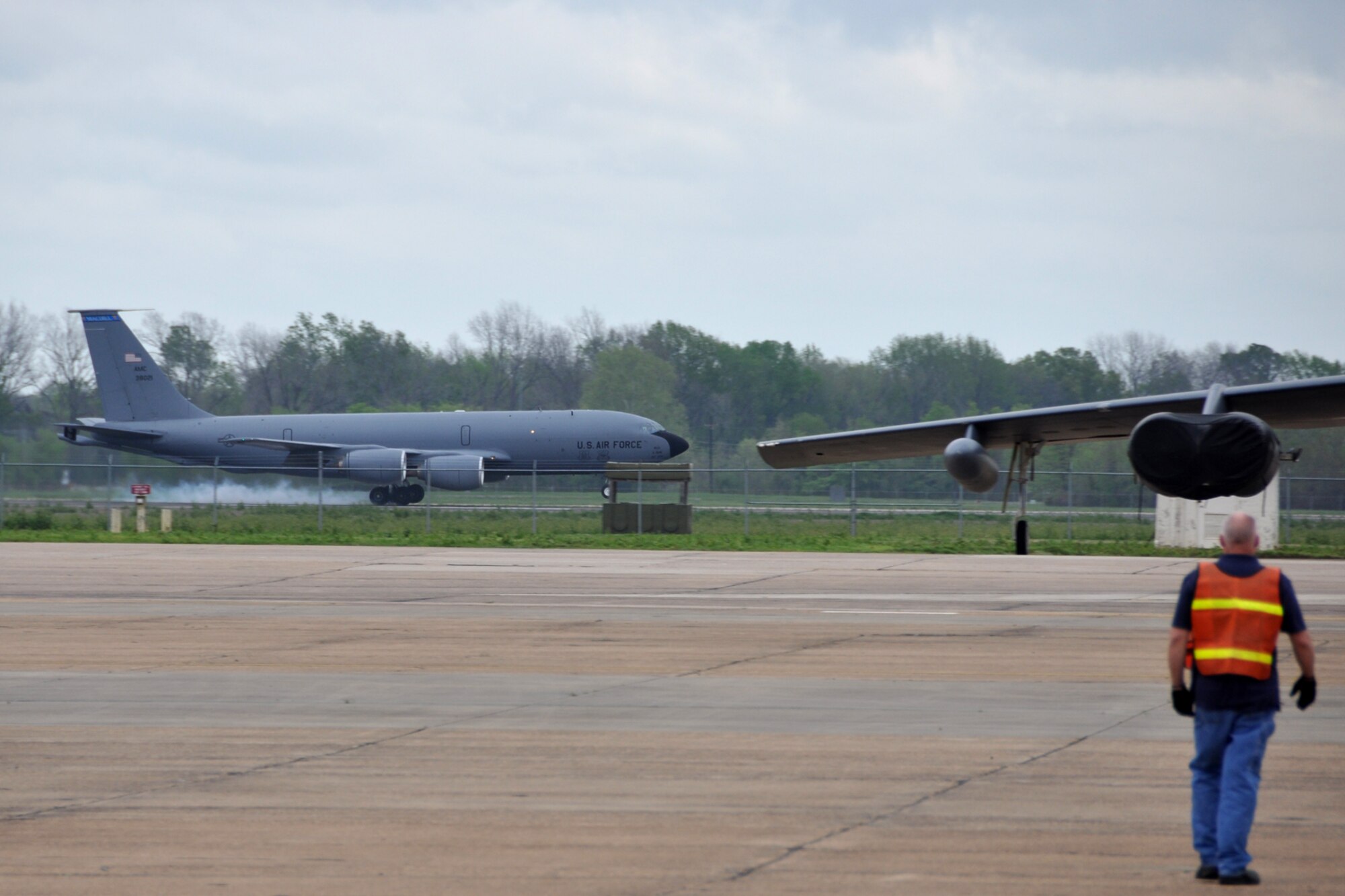A KC-135R Stratotanker from MacDill Air Force Base, Fla., touches down at Barksdale Air Force Base, La., March 19, 2012. On board the jet were civic leaders from the area surrounding MacDill AFB, who traveled to Barksdale for a tour of the base to get a prospective on how other units in the Air Force perform their missions. (U.S. Air Force photo by Master Sgt. Jeff Walston/Released)   
