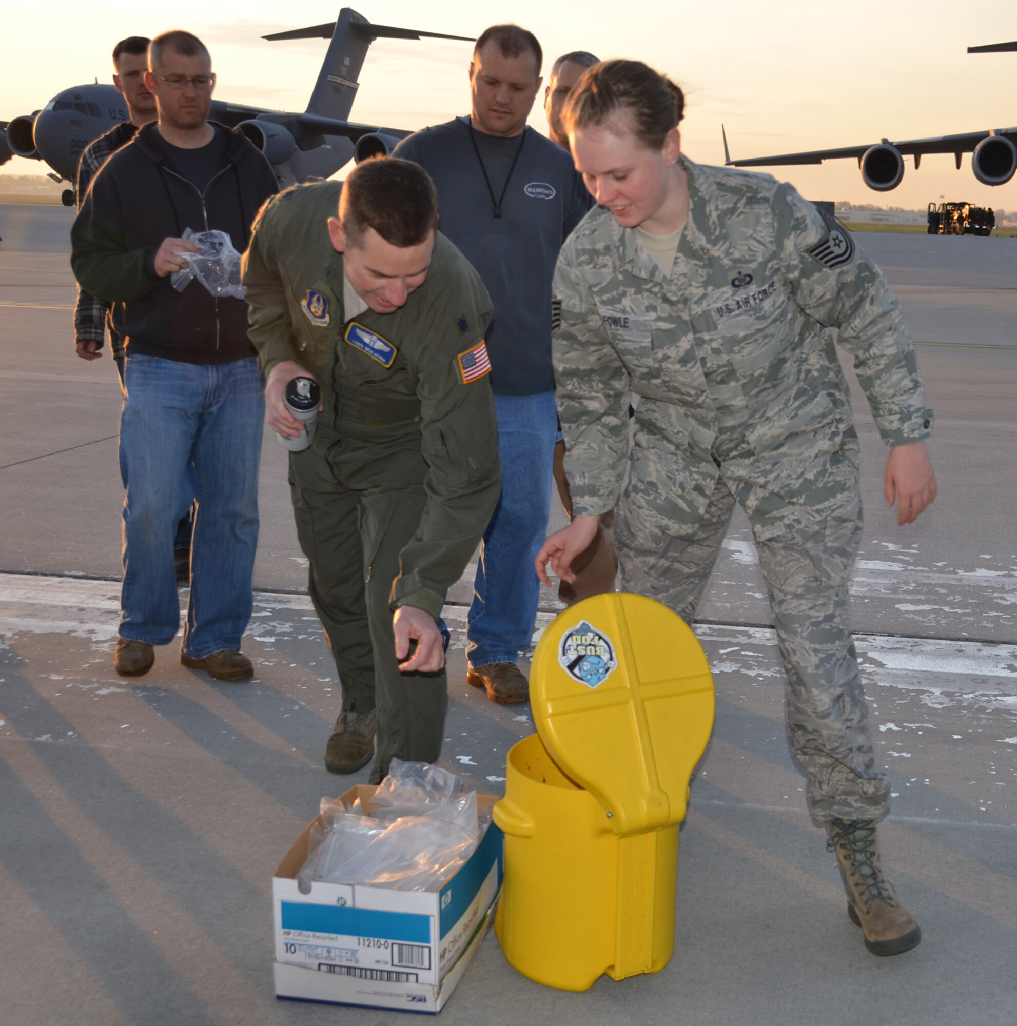 WRIGHT-PATTERSON AIR FORCE BASE, Ohio –The 445th Airlift Wing’s March 21 FOD walk resulted in the finding of 5 1/2 pounds of FOD. Military and civilian members from various units across the wing participated. (U.S. Air Force photo/Stacy Vaughn)
