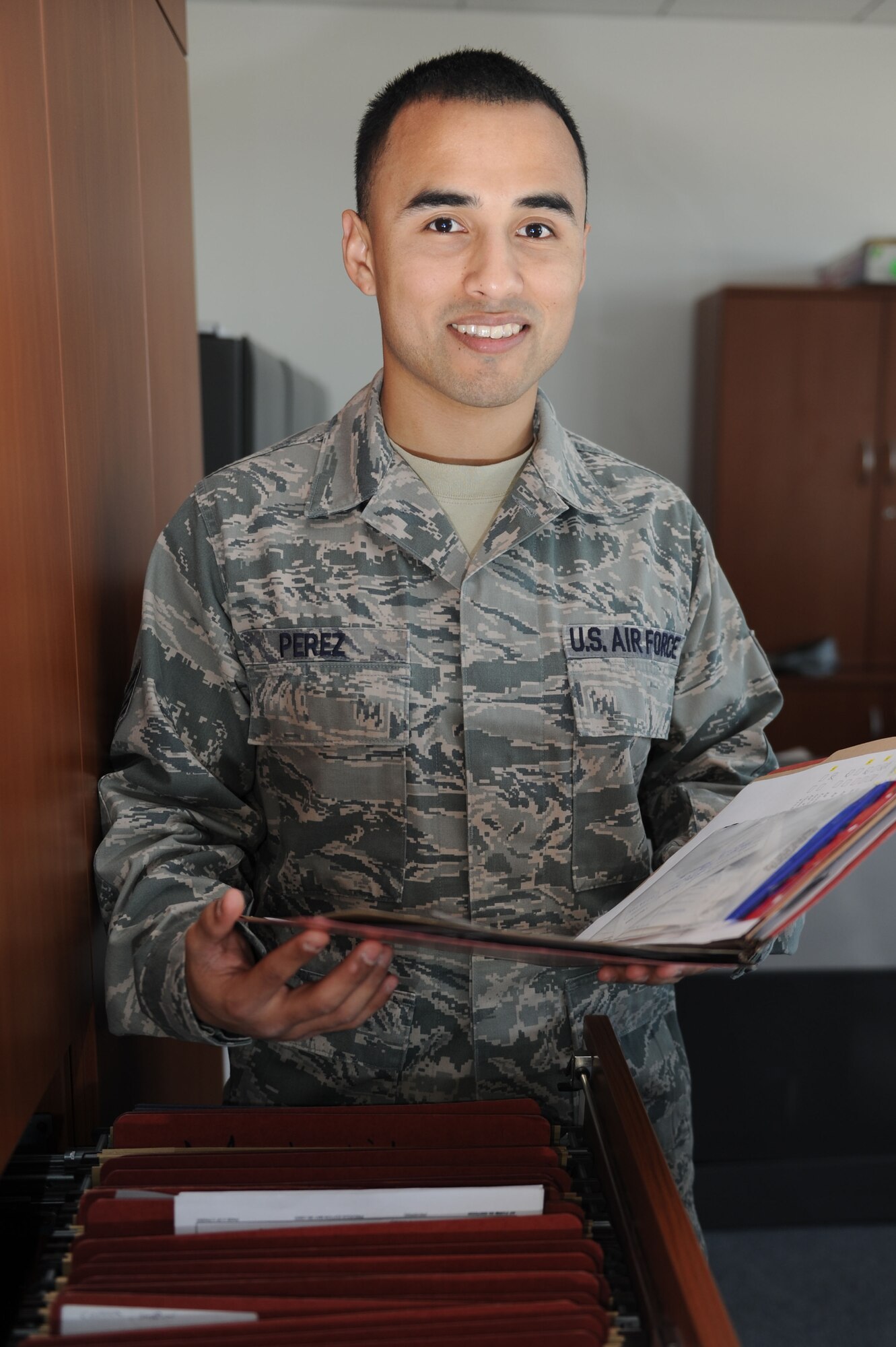 SPANGDAHLEM AIR BASE, Germany – Staff Sgt. Christopher Perez, 726th Air Mobility Squadron combat readiness and resources plans and programs administrator, is the Super Saber Performer for the week of March 15 – 22. (U.S. Air Force photo by Senior Airman Christopher Toon/Released)