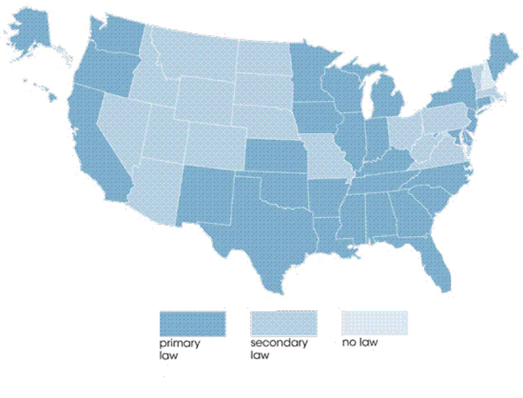 Primary belt use laws exist in 32 states and the District of Columbia, meaning police may stop vehicles solely for belt law violations. In other jurisdictions that have seat belt use laws, police must have some other reason to stop a vehicle before citing an occupant for failing to buckle up. Enhanced penalties in existing Marine Corps Orders now allow for banning a seat belt violator from driving both private and government owned vehicles aboard any Marine Corps installation for a period of time.