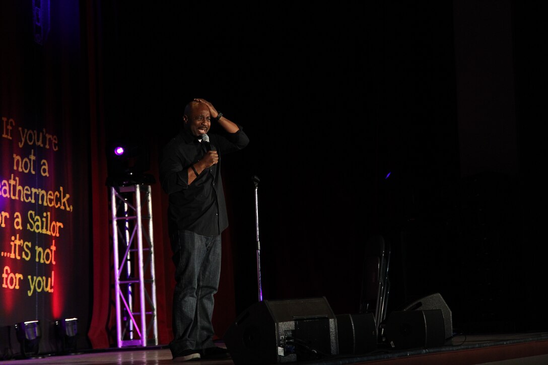 Rudy Rush, comedian, performs stand-up comedy for Marines of the Combat Center during a “For the Leathernecks” Comedy and Entertainment tour at Sunset Cinema March 23, 2012.::r::::n::