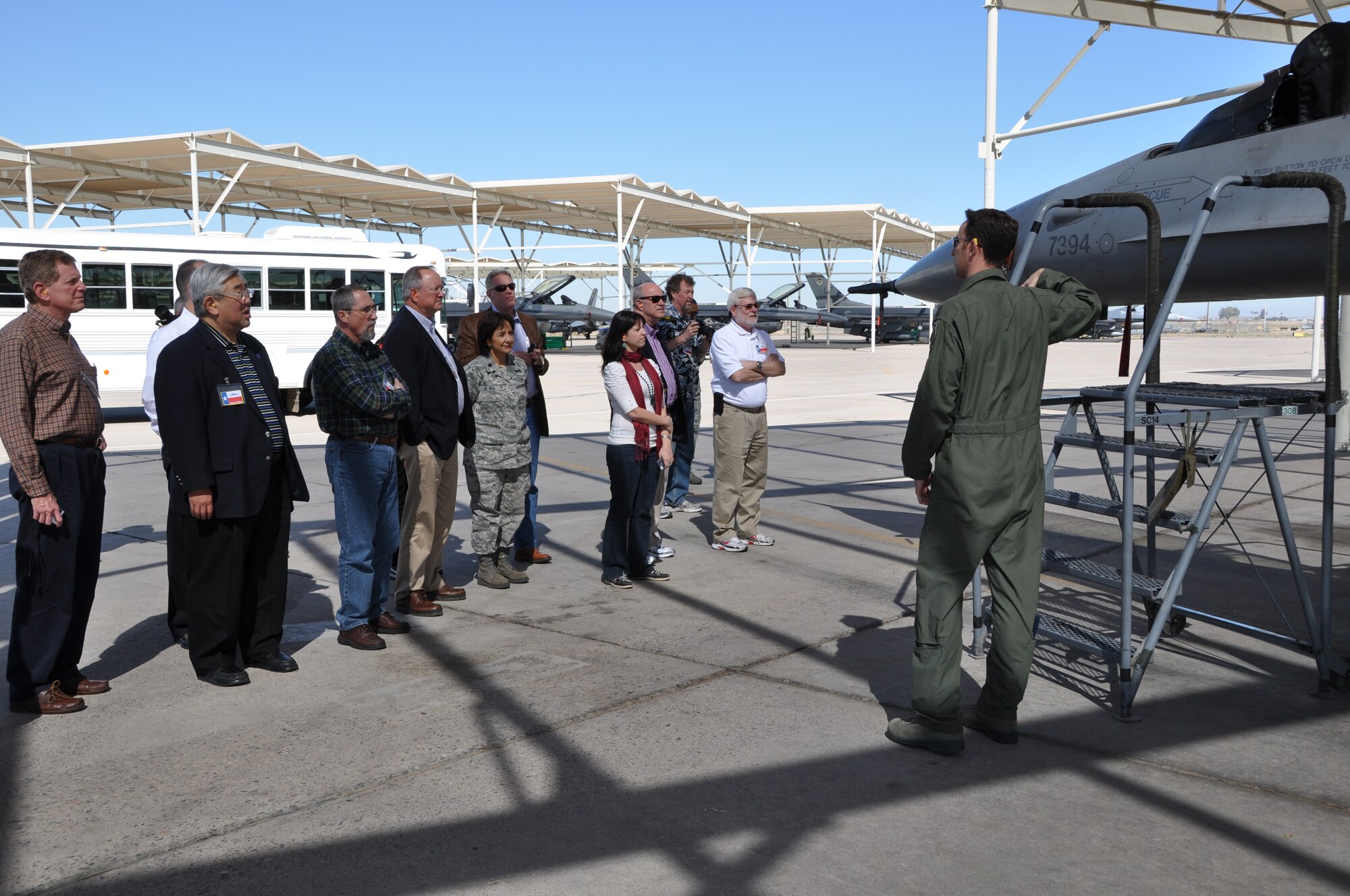 San Antonio civic leaders and Reservist from the 433rd Airlift Wing, Lackland Air Force Base Texas, visited Luke Air Force Base, Ariz., Thursday. The group of 23 arrived on a C-5A and spent the day touring Luke AFB, including a visit to the 308th Fighter Squadron and “training” in the F-16 simulators. The civic leaders were on a two day tour of Arizona bases with their second stop scheduled for Davis-Monthan Air Force Base in Tucson, Ariz.  The tour was part of the 433rd Airlift Wing’s community outreach program to increase community partners’ awareness of the U.S. Air Force Reserve mission.   (U.S. Air Force photo by Staff Sgt. Denise Willhite)
