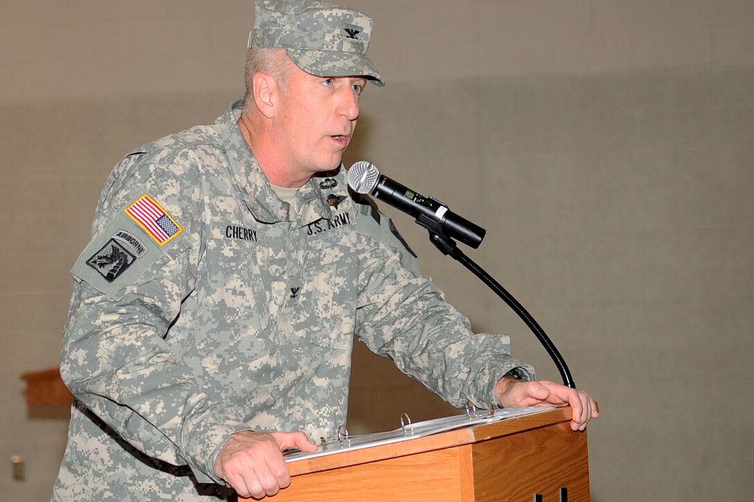 U.S. Army Col. Stephen Cherry, 7th Sustainment Brigade commander, addresses the crowd during the 6th Battalion, Headquarters and Headquarters Detachment homecoming at Fort Eustis, Va., March 22, 2012. The detachment was welcomed home after over a year-long deployment. (U.S. Air Force photo by Staff Sgt. Ashley Hawkins/Released)