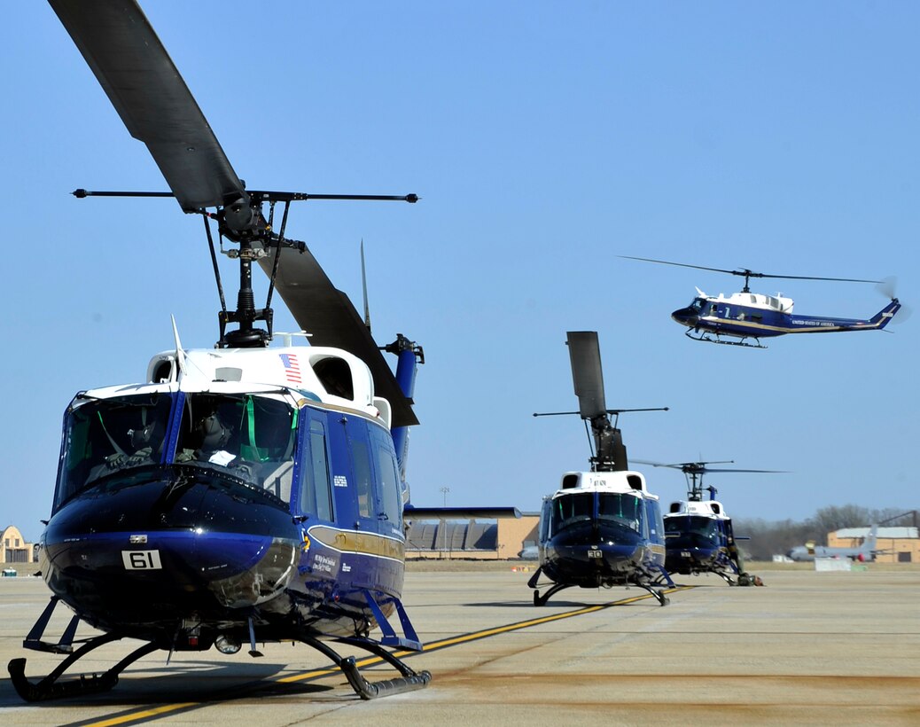 A UH-1N Iroquois helicopter returns from a training mission March 14. The primary mission of the 1st Helicopter Squadron includes the airlift of emergency security and disaster response forces, and support for the emergency evacuation of key government officials. (U.S. Air Force photo/Senior Airman Perry Aston)
