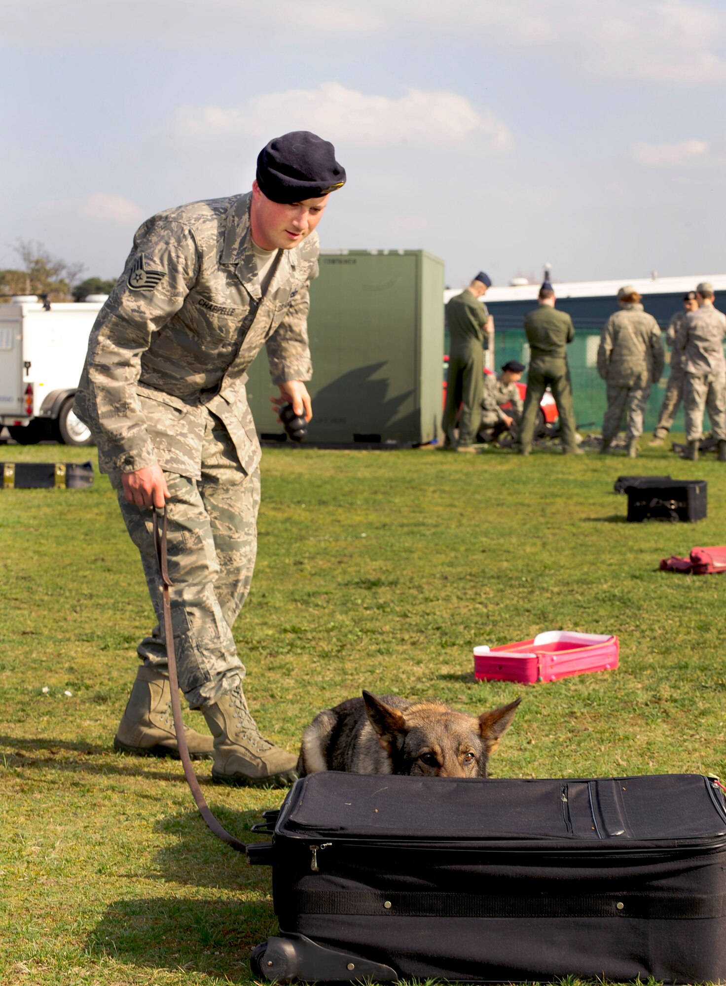 RAF MILDENHALL, England – Staff Sgt. Barret Chappelle, 100th Security Forces Squadron military working dog handler, prepares to reward MWD Zulton after the dog found illegal contraband during a luggage detection exercise here March 21, 2012. The 100th SFS MWD unit does regular checks for illegal substances all over base to ensure a safer environment. (U.S. Air Force photo/Senior Airman Ethan Morgan)