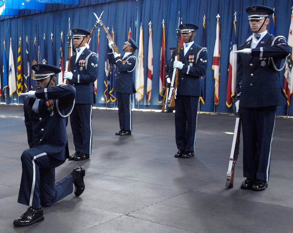U.S. Air Force Honor Guard Drill Team Members 'report in' at the start of their routine during a performance March 15 at Ceremonial Hall, Joint Base Anacostia-Bolling, Washington D.C. The team's mission is to inspire Air Force awareness among military and civilian audiences through complex drill routines. (U.S. Air Force photo by Senior Airman Steele C. G. Britton)