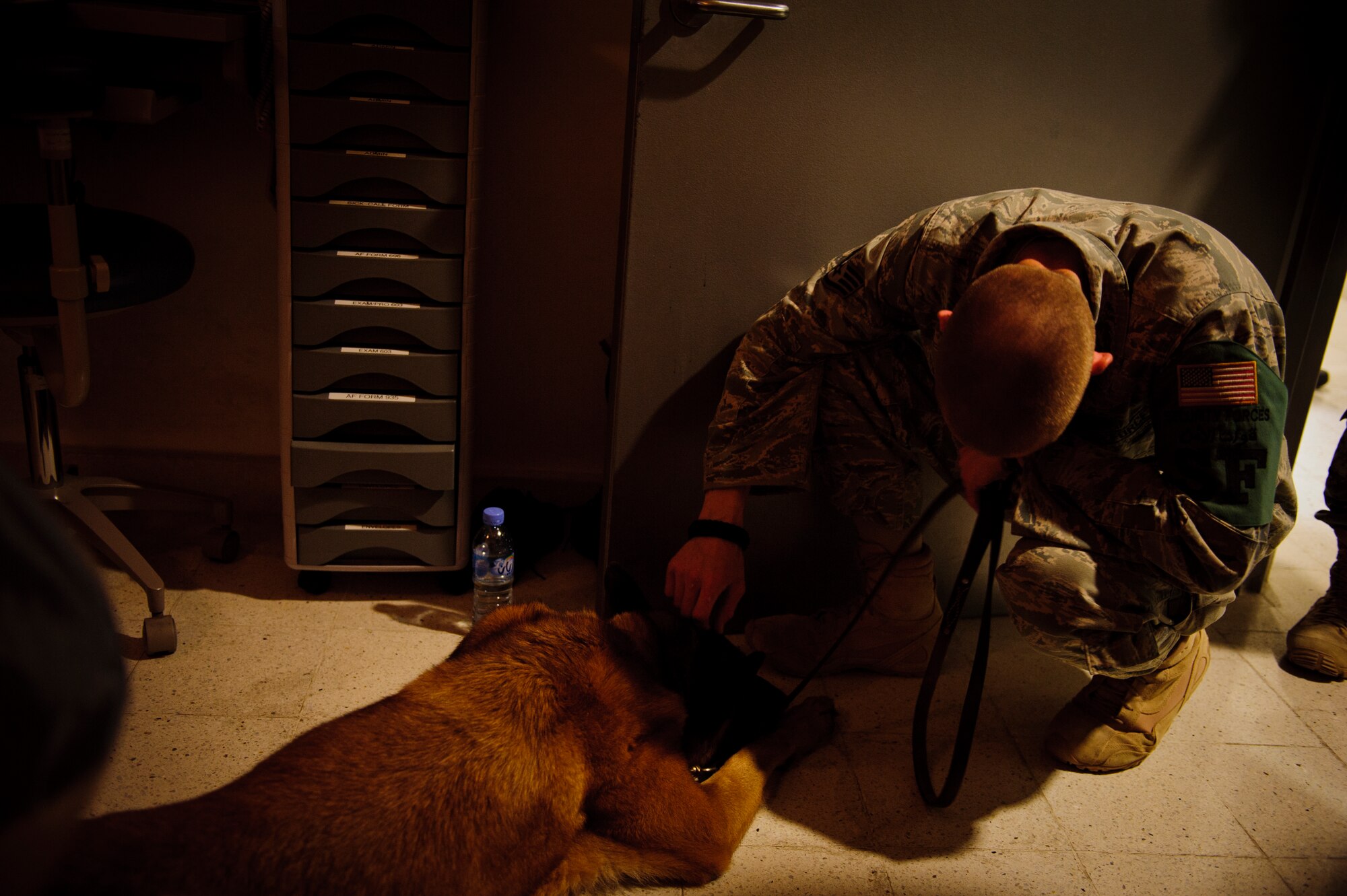 SOUTHWEST ASIA – Roy, an eight-year-old Belgian Malinois military working dog, falls asleep on the floor after being given an anesthetic as his handler, Staff Sgt. Joel Brooks, 405th Expeditionary Security Forces Squadron, keeps him company here March 15, 2012. (U.S. Air Force photo/Staff Sgt. Nathanael Callon) 