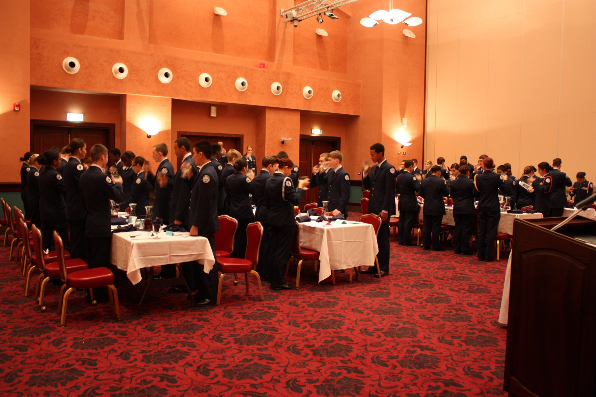 Aviano High School Junior ROTC students attend a dining-in Nov. 15 at the La Bella Vista Club. Each year, the JROTC class hosts a Dining-In and a Winter Military Ball to familiarize students with military customs and traditions.  