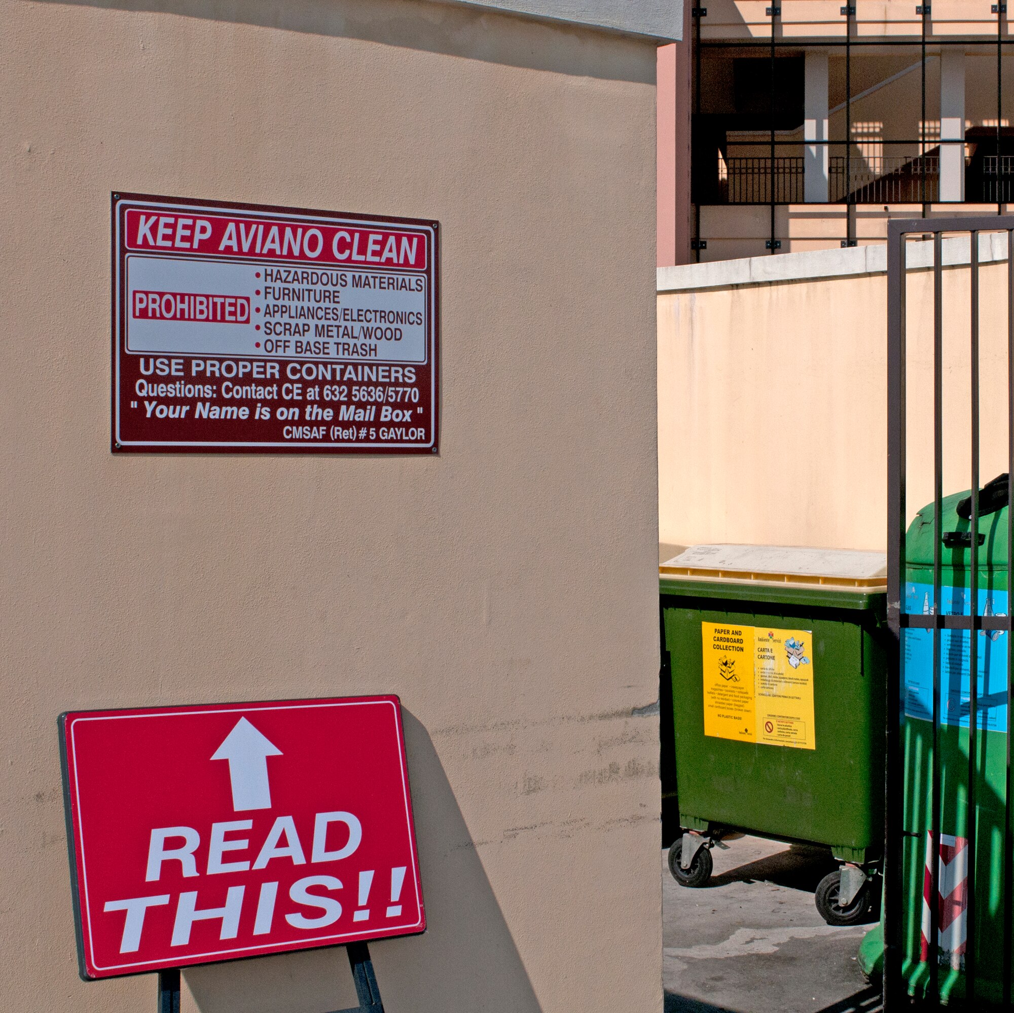 Aviano Air Base spends close to $400,000 each year on disposing of illegally dumped items on base. The base refuse center is open 8 a.m. to noon and 1 to 3 p.m. Tuesdays and Wednesdays.  It is located adjacent to building 10462 on Area F. Only government generated items are accepted. The exception is for dormitory residents who may use the BRC to dispose of bulk trash items. (U.S. Air Force photo/Staff Sgt. Justin Weaver