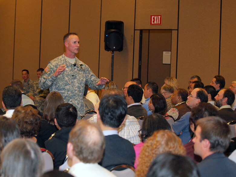 More than 300 Los Angeles District employees gathered for their first town hall meeting with South Pacific Division Commander Col. Mike Wehr.