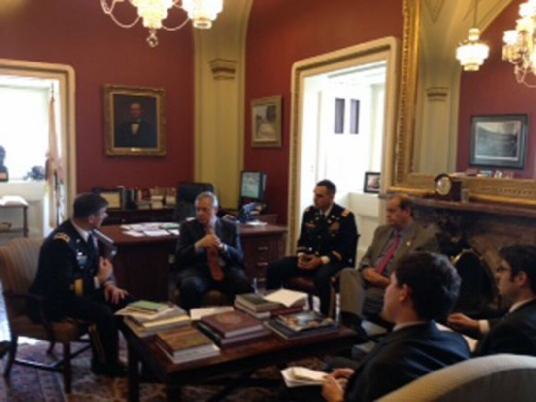 Maj. Gen. John W. Peabody, U.S. Army Corps of Engineers Mississippi Valley Division Commander, Senator Dick Durbin (D-IL), Col. Chris Hall , USACE St. Louis District Commander, and Representative Jerry Costello (D-IL) discuss the Metro East Levee System on Capitol Hill (from left to right).