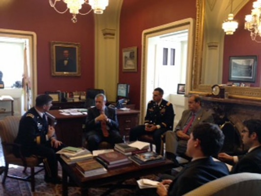 Maj. Gen. John W. Peabody, U.S. Army Corps of Engineers Mississippi Valley Division Commander, Senator Dick Durbin (D-IL), Col. Chris Hall , USACE St. Louis District Commander, and Representative Jerry Costello (D-IL) discuss the Metro East Levee System on Capitol Hill (from left to right).