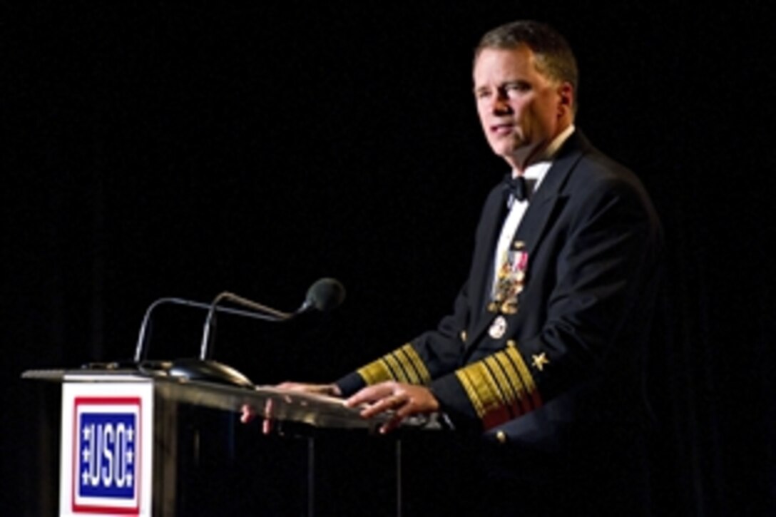 Navy Adm. James A. Winnefeld Jr., vice chairman of the Joint Chiefs of Staff, delivers remarks during the USO of Metropolitan Washington 30th Annual Awards Dinner in Arlington, Va., March 22, 2012. The USO honored service members from each branch as well as members of the Medal of Honor Society for that association's 150 years of courage and sacrifice.