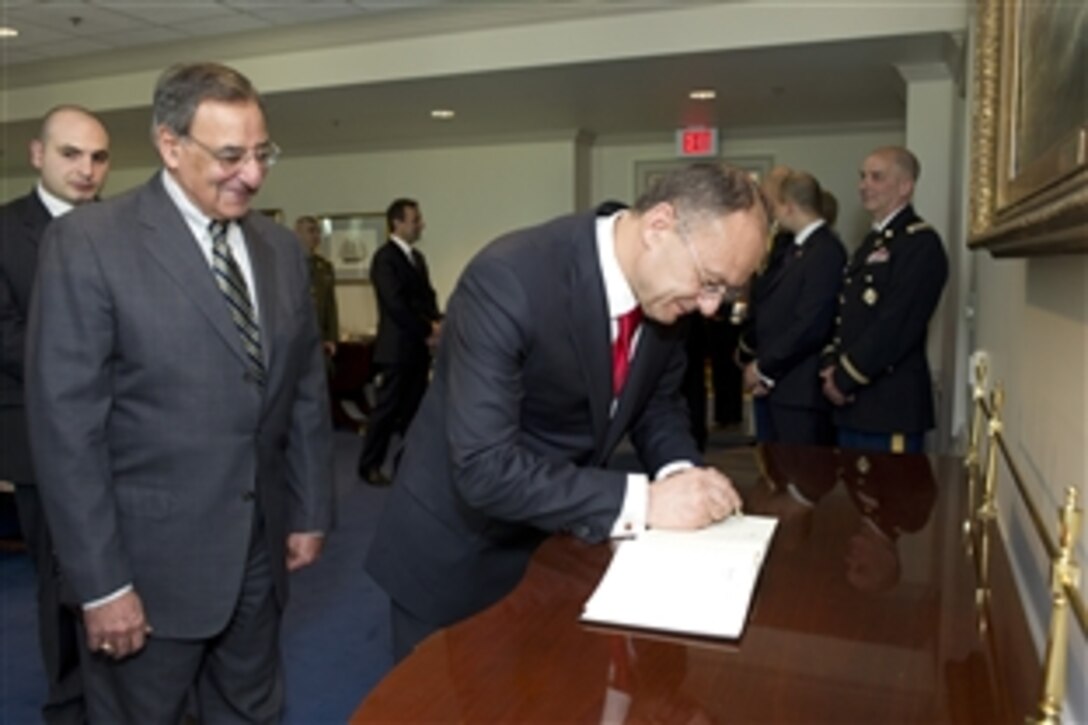 U.S. Defense Secretary Leon E. Panetta met with Armenian Defense Minister Seyran Ohanyan at the Pentagon, March 23, 2012. Pentagon Press Secretary George Little said the two leaders discussed U.S.-Armenian defense cooperation, including Armenia's efforts on defense reform and U.S. willingness to support enhanced training of the Armenian military.
