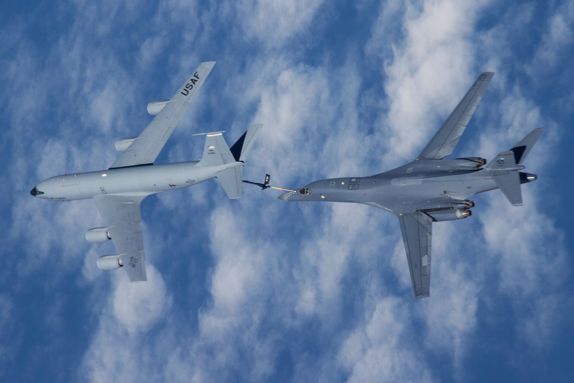 A B-1B Lancer from the 337th Test and Evaluation Squadron connects with the KC-135 Stratotanker for inflight refueling during a mission over the Gulf of Mexico near Eglin Air Force Base, Fla.  The 337th is a geographically separated unit of the 53rd Wing, headquartered at Eglin.  The 337th are responsible for operational testing of all B-1 defensive/offensive systems and weapons upgrades.  (Courtesy photo/Jake Melampy)