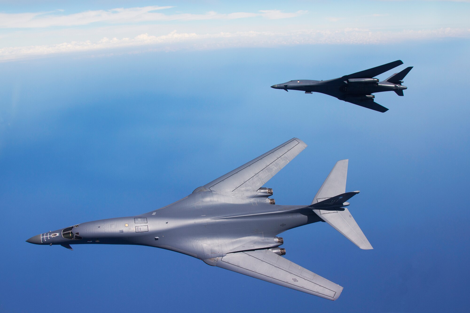 B-1B Lancers from the 337th Test and Evaluation Squadron soar over the Gulf of Mexico during a test mission near Eglin Air Force Base, Fla.  The 337th is a geographically separated unit of the 53rd Wing, headquartered at Eglin.  The 337th is responsible for operational testing of all B-1 defensive/offensive systems and weapons upgrades.  (Courtesy photo/Jake Melampy)