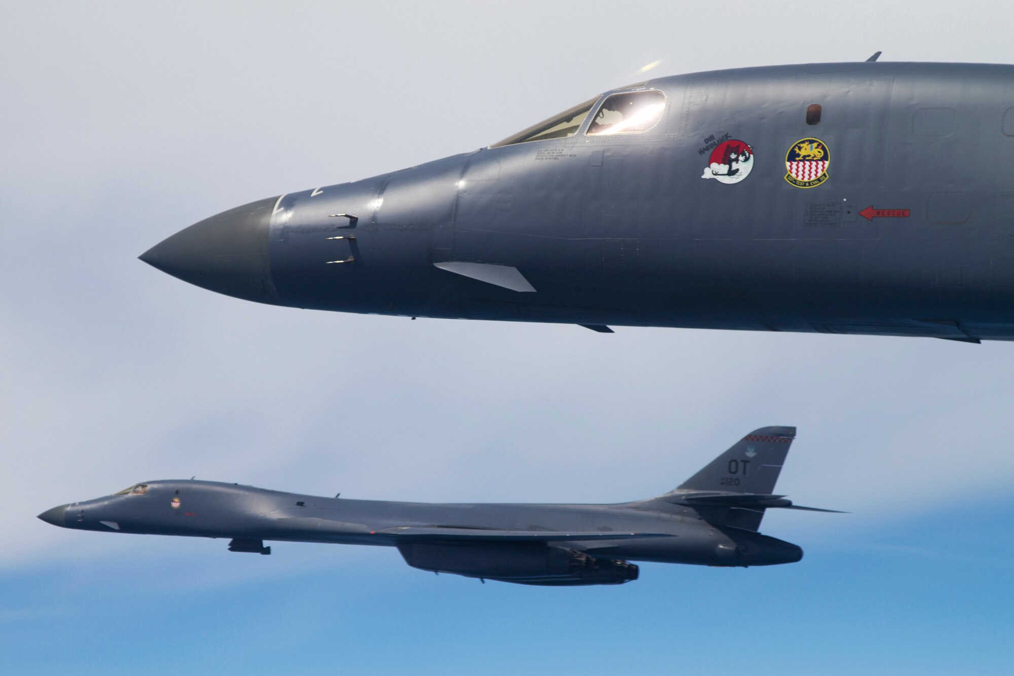 B-1B Lancers from the 337th Test and Evaluation Squadron soar over the Gulf of Mexico during a test mission near Eglin Air Force Base, Fla.  The 337th is a geographically separated unit of the 53rd Wing, headquartered at Eglin.  The 337th is responsible for operational testing of all B-1 defensive/offensive systems and weapons upgrades.  (Courtesy photo/Jake Melampy)