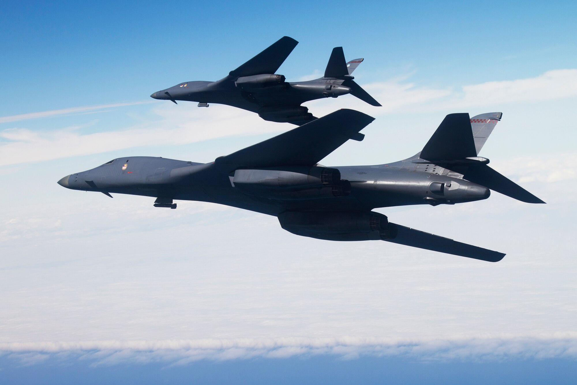 B-1B Lancers from the 337th Test and Evaluation Squadron soar over the Gulf of Mexico during a test mission near Eglin Air Force Base, Fla.  The 337th is a geographically separated unit of the 53rd Wing, headquartered at Eglin.  The 337th is responsible for operational testing of all B-1 defensive/offensive systems and weapons upgrades.  (Courtesy photo/Jake Melampy)