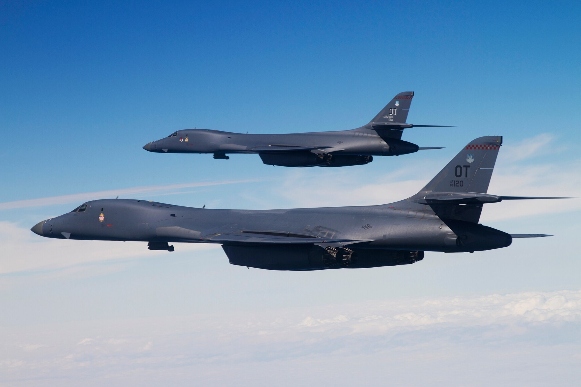 B-1B Lancers from the 337th Test and Evaluation Squadron soar over the Gulf of Mexico during a test mission near Eglin Air Force Base, Fla.  The 337th is a geographically separated unit of the 53rd Wing, headquartered at Eglin.  The 337th is responsible for operational testing of all B-1 defensive/offensive systems and weapons upgrades.  (Courtesy photo/Jake Melampy)