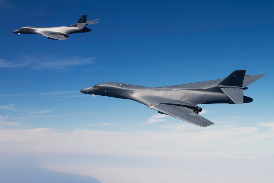 B-1B Lancers from the 337th Test and Evaluation Squadron soar over the Gulf of Mexico during a test mission near Eglin Air Force Base, Fla.  The 337th is a geographically separated unit of the 53rd Wing, headquartered at Eglin.  The 337th is responsible for operational testing of all B-1 defensive/offensive systems and weapons upgrades.  (Courtesy photo/Jake Melampy)
