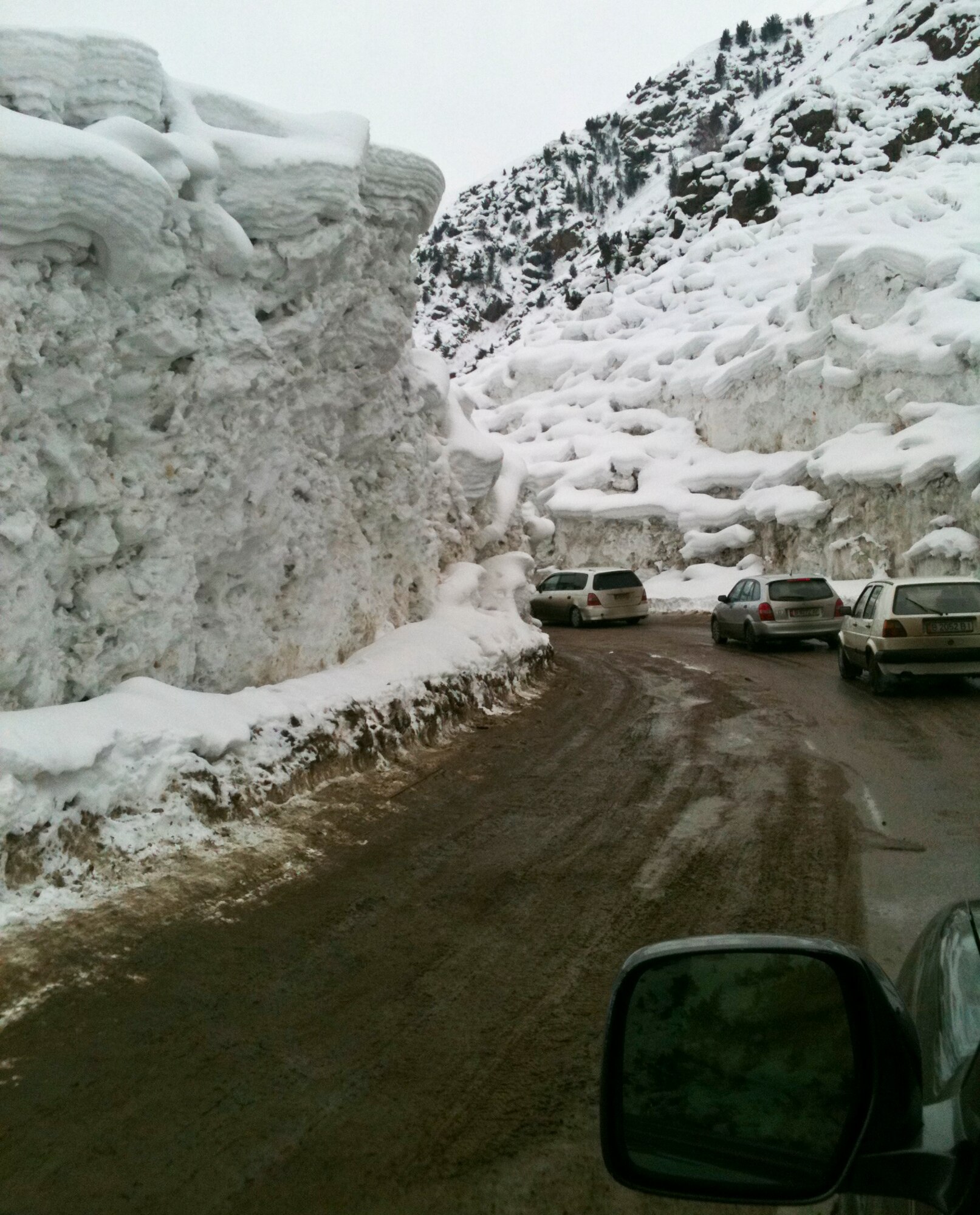 Airmen from the Transit Center at Manas, Kyrgyzstan, travel though mountainous terrain Feb. 26, 2012, on their way to Jalal-Abad for an Operation Warm and Dry distribution. The trip took two days to get from the Transit Center to Jalal-Abad. (U.S. Air Force courtesy photo) 