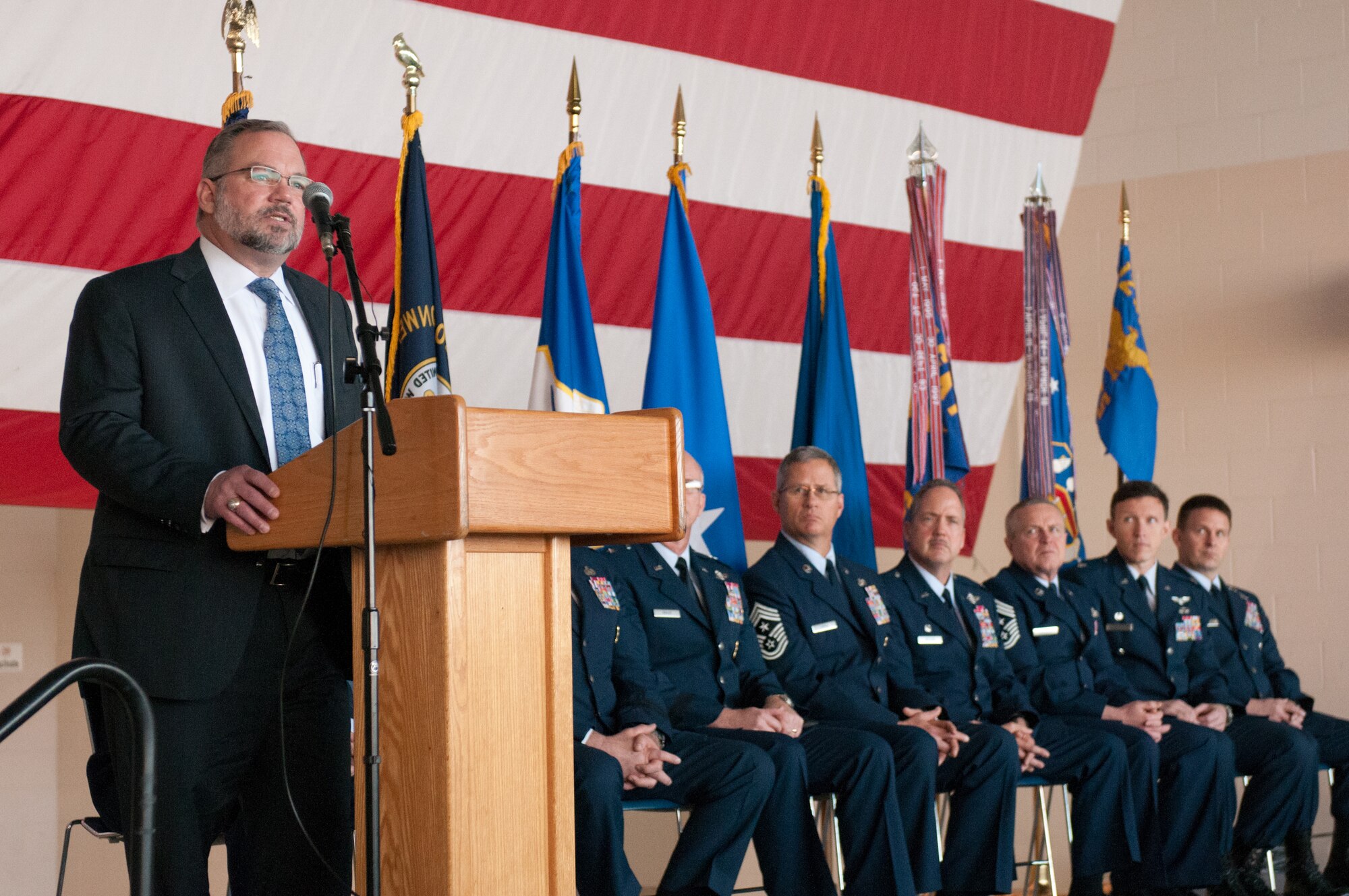 Richard Reed, special assistant to President Barack Obama for national security affairs, congratulates Airmen of the 123rd Airlift Wing during an awards ceremony held March 18, 2012, at the Kentucky Air National Guard Base in Louisville, Ky. Reed was at the base to honor the wing and two other Kentucky Air Guard units for their excellence. (U.S. Air Force photo by Tech. Sgt. Dennis Flora)