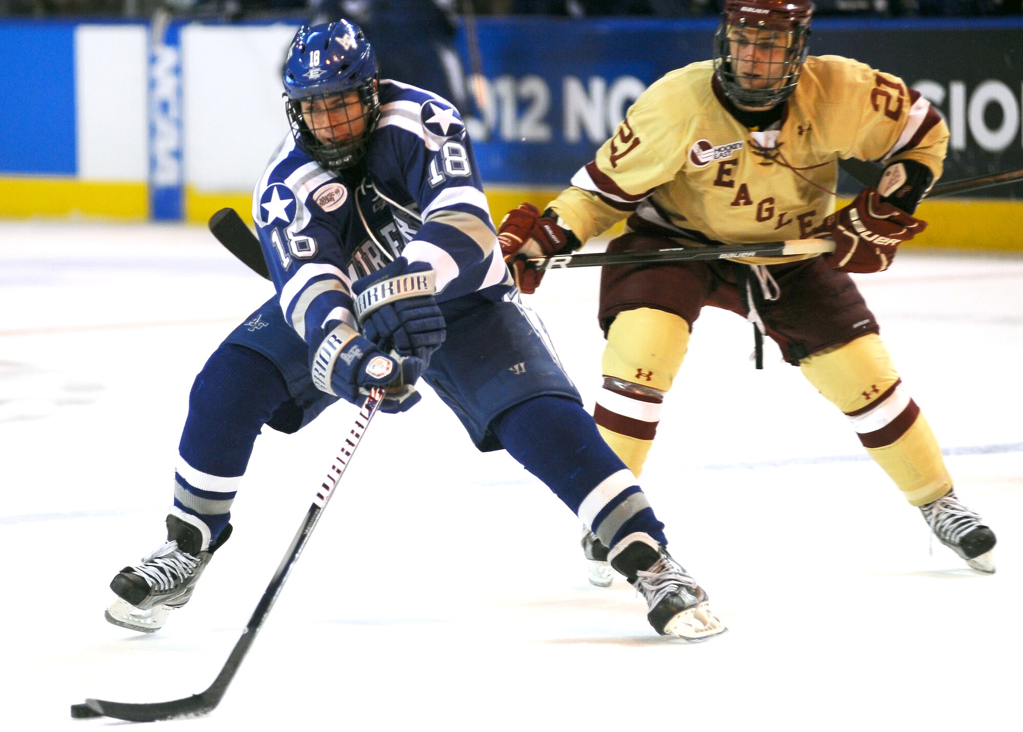 George Michalke gets a takeaway for the Falcons during the NCAA Hockey Championship Tournament Saturday, March 24, 2012. The Falcons came up short against the Eagles 2-0. This was the Falcons' fifth trip to the tournament in the last six years. (U.S. Air Force photo/Tech. Sgt. Raymond Hoy)
