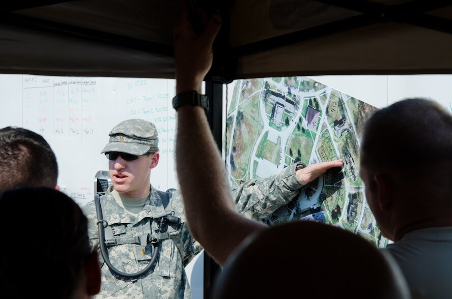 A Missouri National Guard soldier points to a map during a Region 7 Homeland Response Force exercise at Muscatatuck Urban Training Center near Butlerville, Ind., March 21, 2012. More than 500 Missouri National Guard soldiers and airmen participated in the exercise, which evaluates their ability to react to large-scale disasters within the U.S. (Missouri Guard photo by Staff Sgt. Michael Crane)