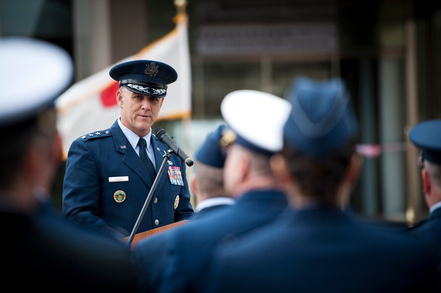 YOKOTA AIR BASE, Japan -- Lt. Gen. Burton Field, U.S. Forces, Japan, and 5th Air Force commander, speaks to the assembled audience at Yokota Air Base, Japan, during the opening ceremony for the new Japan Air Self-Defense Force Air Defense Command Headquarters March 26, 2012. The ADC headquarters, which conducts command and control operations to defend Japanese airspace, was relocated from Fuchu Air Base, Japan, as part of the 2002 Defense Policy Review Initiative, a bilateral process to enhance the U.S.-Japan Security Alliance and address force realignments in the Pacific. (U.S. Air Force photo/Staff Sgt. Samuel Morse)