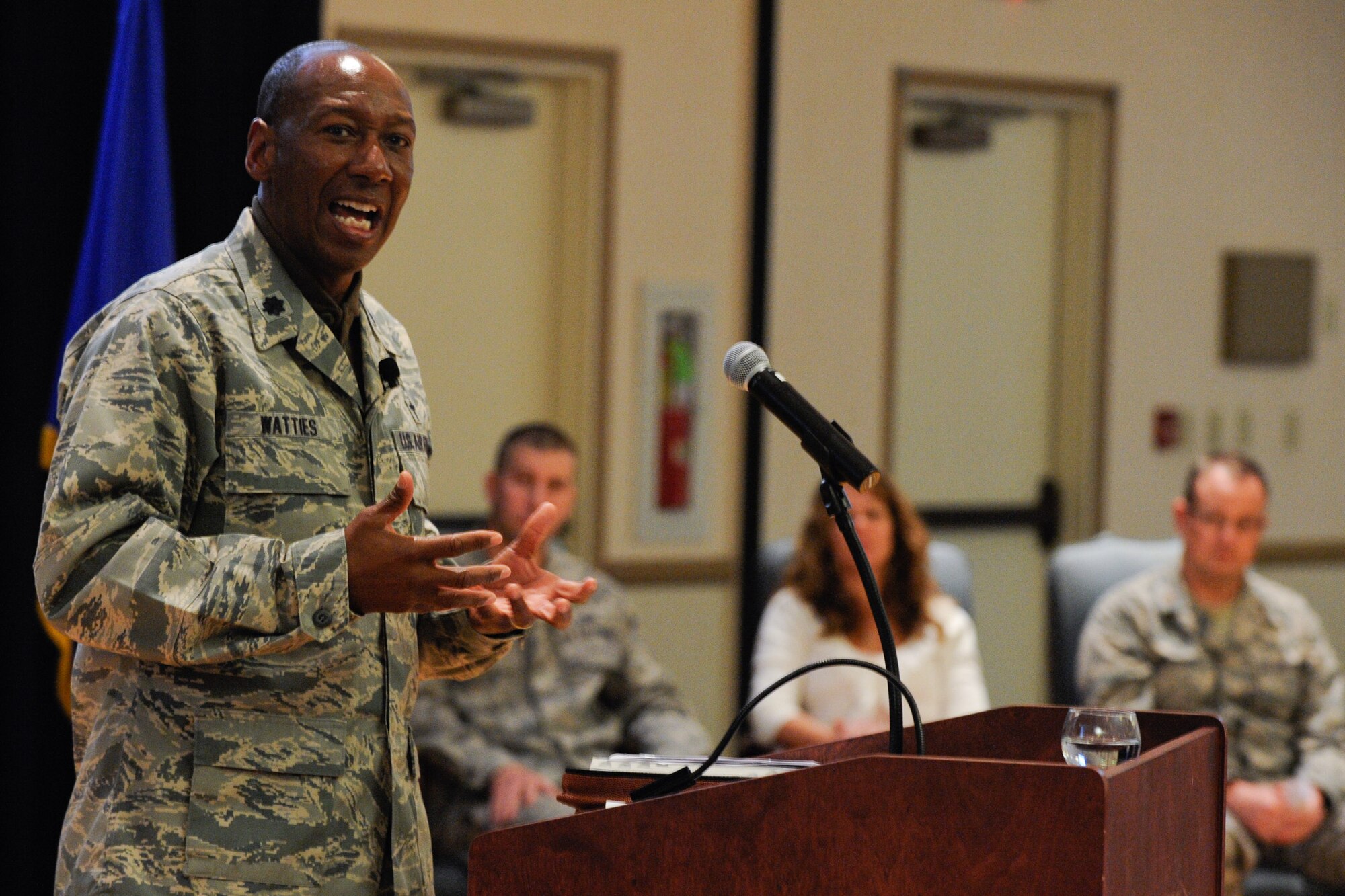 VANDENBERG AIR FOCE BASE, Calif. -- Chaplain Lt. Col. Warren Watties, 30th Space Wing installation chaplain, tallks about spirituality and the warfighter during the National Prayer Luncheon at the Pacific Coast Club here Monday, March 26, 2012. More than 200 people attended the luncheon, which is observed as an extension of the National Prayer Breakfast held annually in Washington, D.C. (U.S. Air Force photo/Staff Sgt. Levi Riendeau)