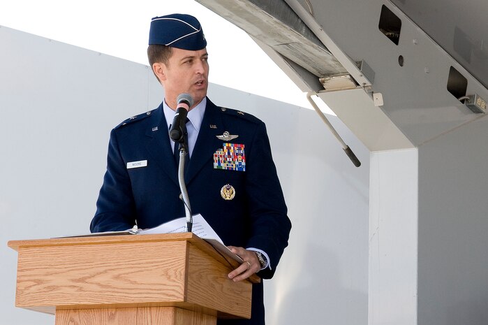 U.S. Air Force Brig. Gen. Charles L. Moore Jr., 57th Wing commander, speaks to the base populace moments after accepting command during a change of command ceremony March 26, 2012 at Nellis Air Force Base, Nev. Moore is responsible for 38 squadrons at 12 installations comprising the Air Force's most diverse flying wing. (U.S. Air Force photo by Airman 1st Class Matthew Lancaster)