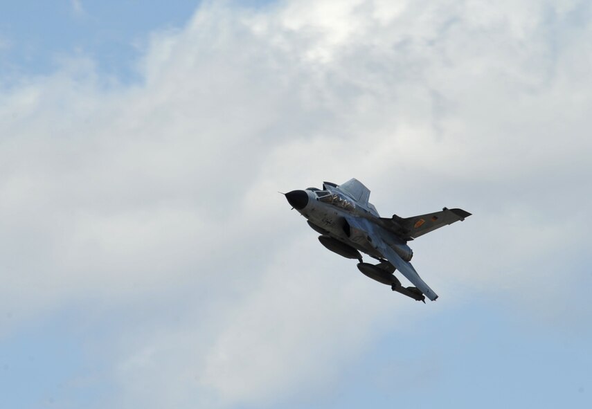 A German air force PA-200 Tornado takes a final pass over the base before heading back to its home station, Holloman Air Force Base, N.M., from Mountain Home Air Force Base, Idaho, March 22, 2012. German pilots fly up to 300 sorties during the two-week exercise, which provides the final qualification for the Fighter Weapons Instructor Course. (U.S. Air Force photo/Airman 1st Class Heather Hayward\Released)