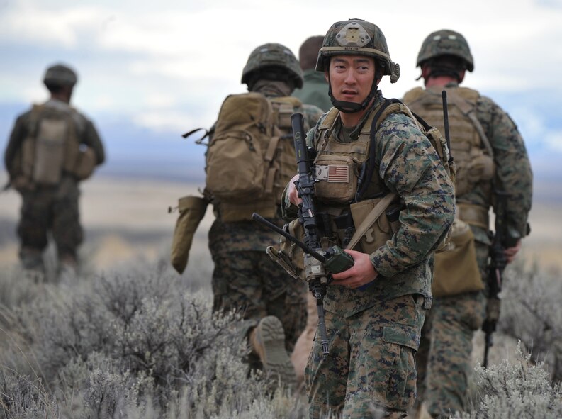 Members from the 1st Air Naval Gunfire Liaison Company take the pilot of a simulated aircraft accident to safety March 15, 2012, at Saylor Creek Range, Idaho. The doctrinal purpose of ANGLICO is to provide fire support and coordination in support of units adjacent to the Marine Air-Ground Task Force. (U.S. Air Force photo/Airman 1st Class Heather Hayward\Released)