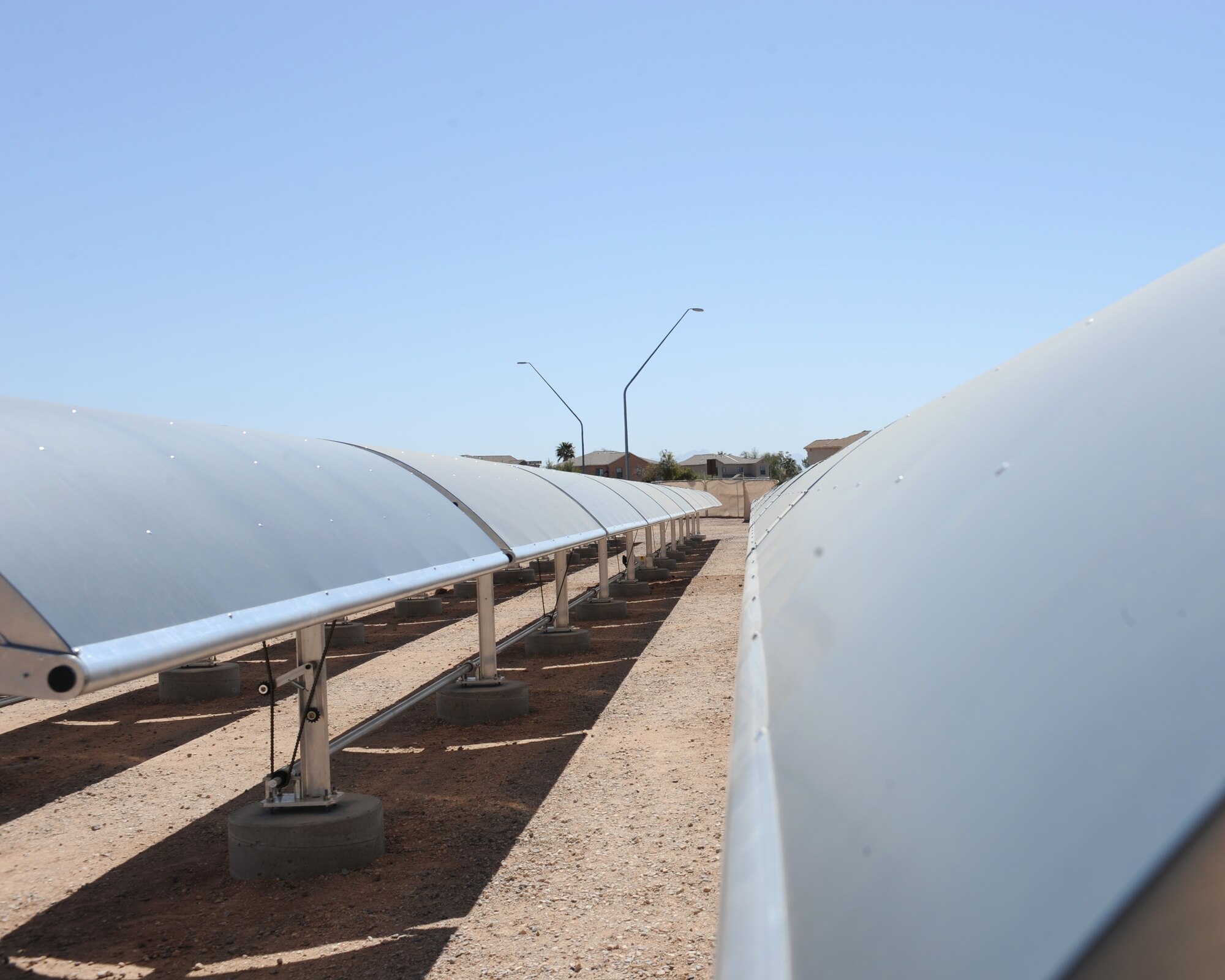 The photovoltaic panels located behind the Youth Center are used to chill water that will cool the educational and recreational center here on Davis-Monthan Air Force Base, Ariz., March 3, 2012. (U.S. Air Force photo by Airman 1st Class Timothy Moore /Released)