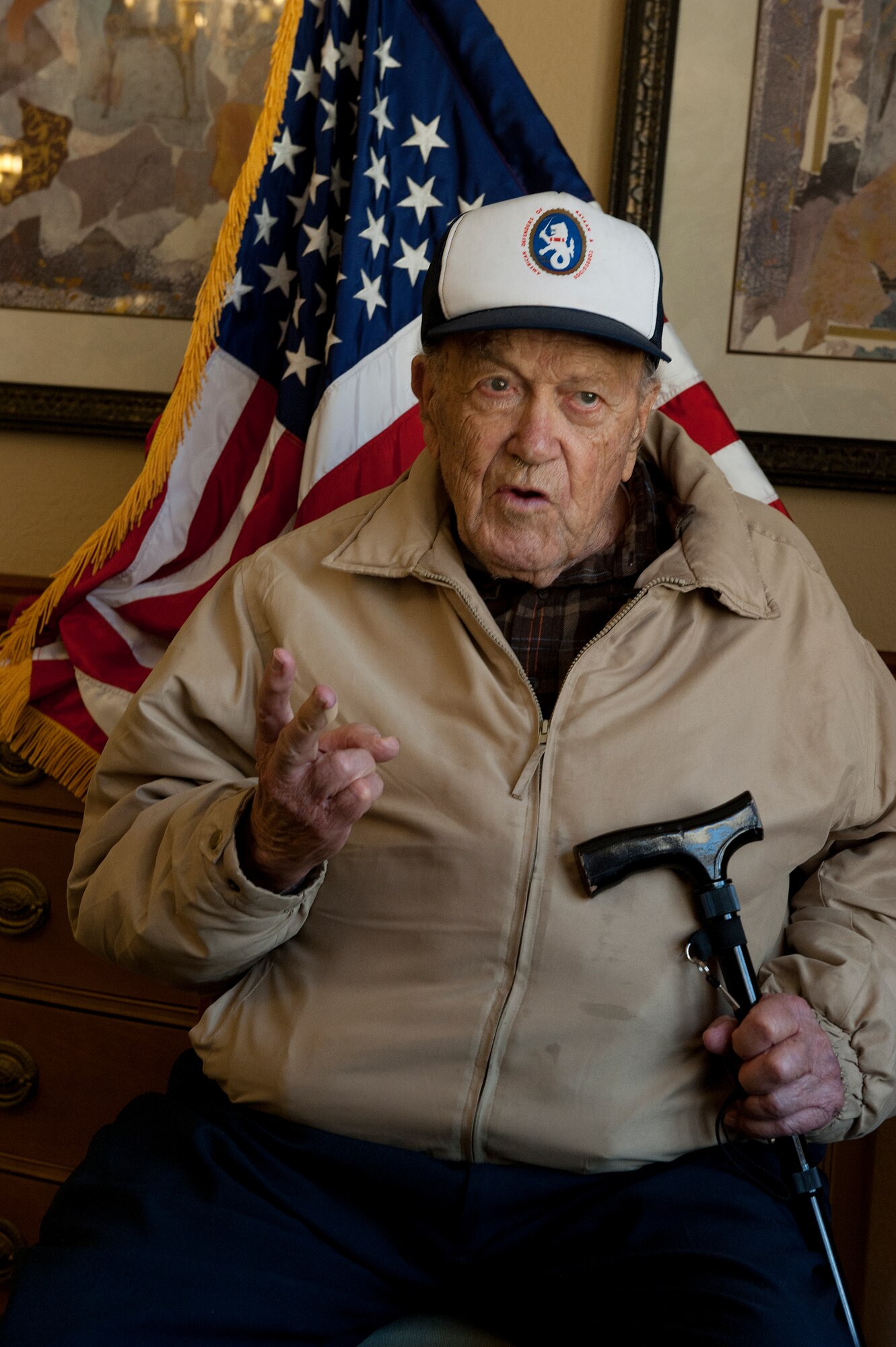 WHITE SANDS MISSLE RANGE, N.M. – Leonard Robinson, 93, a survivor of the Bataan Death March, gives an interview March 25. Sixteen survivors attended the 23rd annual Bataan Memorial Death March. (U.S. Air Force photo by Senior Airman DeAndre Curtiss / Released)