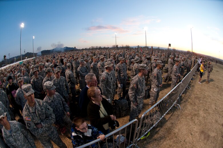 WHITE SANDS MISSLE RANGE, N.M. – Participants of the 23rd annual Bataan Memorial Death March attend the opening ceremonies here March 25, before starting the event. The march, which has been at WSMR since 1992, offers two different courses – a 26.2 mile and 15.2 mile honorary course. (U.S. Air Force photo by Senior Airman DeAndre Curtiss / Released)