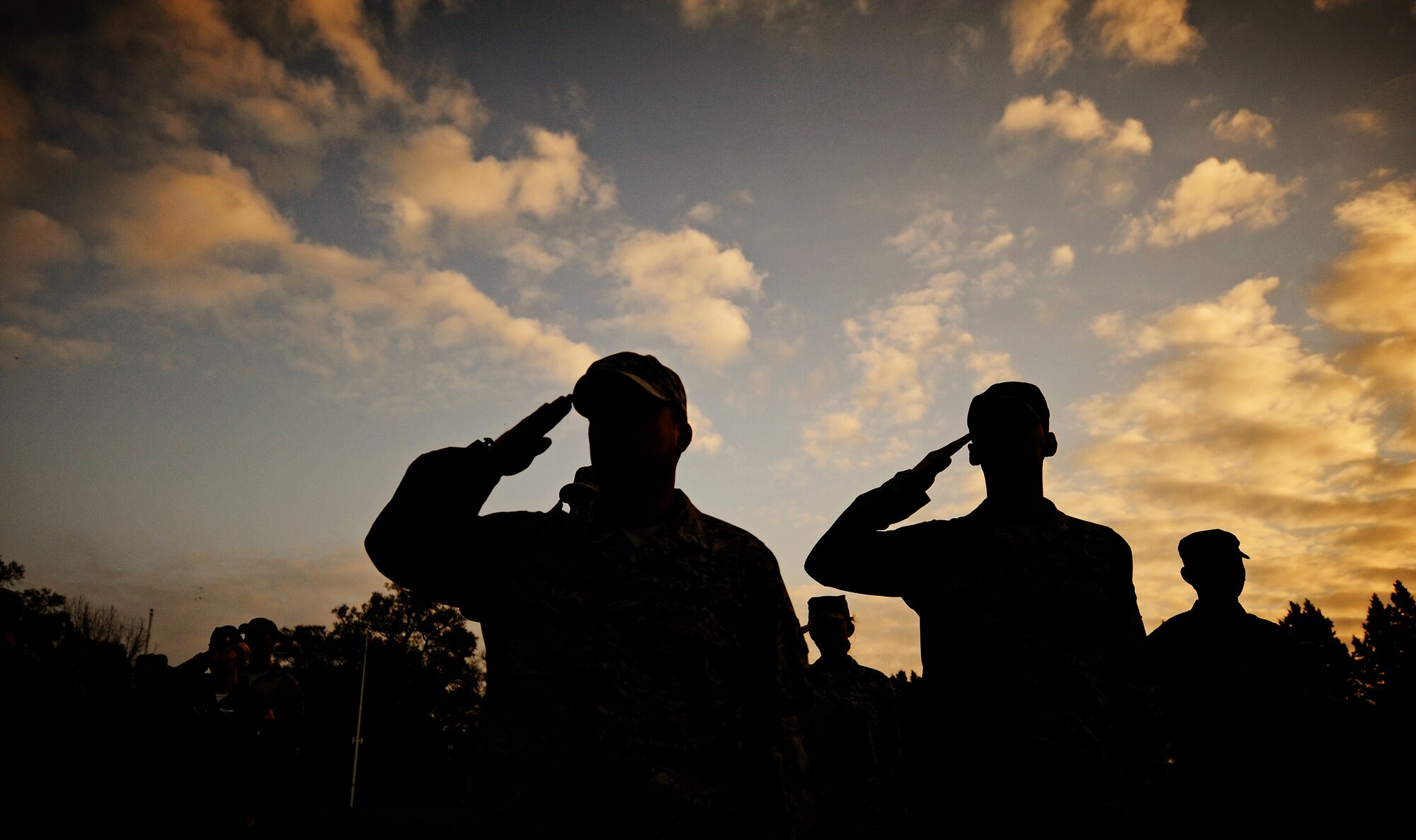 Airmen, Soldiers and civilians render salutes during the playing of the National Anthem at the opening cermonies of the ruck march, March 25, 2012 at Scott Air Force Base, Ill. Personnel assigned to Scott participated in the inaugural Bataan Memorial Death March in honor of the thousands who lost their lives during the actual march during World War II. More than 50 teams and 250 people marched 12.6 miles to complete the course. (U.S. Air Force photo/Staff Sgt. Ryan Crane)