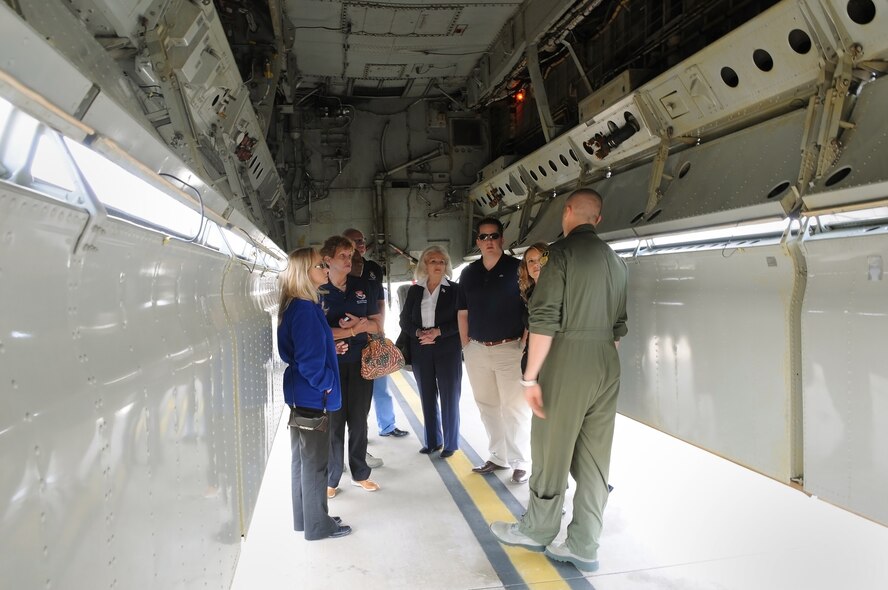 Barksdale Air Force base, La. -- Captain Ryan Turner, a pilot with the 11th Bomber Squadron, answers questions in the bomb bay of  B-52 Stratofortress while guiding a group of visitors at Barksdale Air Force Base, La., March 19, 2012.  The visiting civic leaders were part of an honorary commander's tour sponsored by the 927th Air Refueling Wing at Macdill AFB, Florida.  (U.S. Air Force photo by Staff Sgt. Jennie Chamberlin)