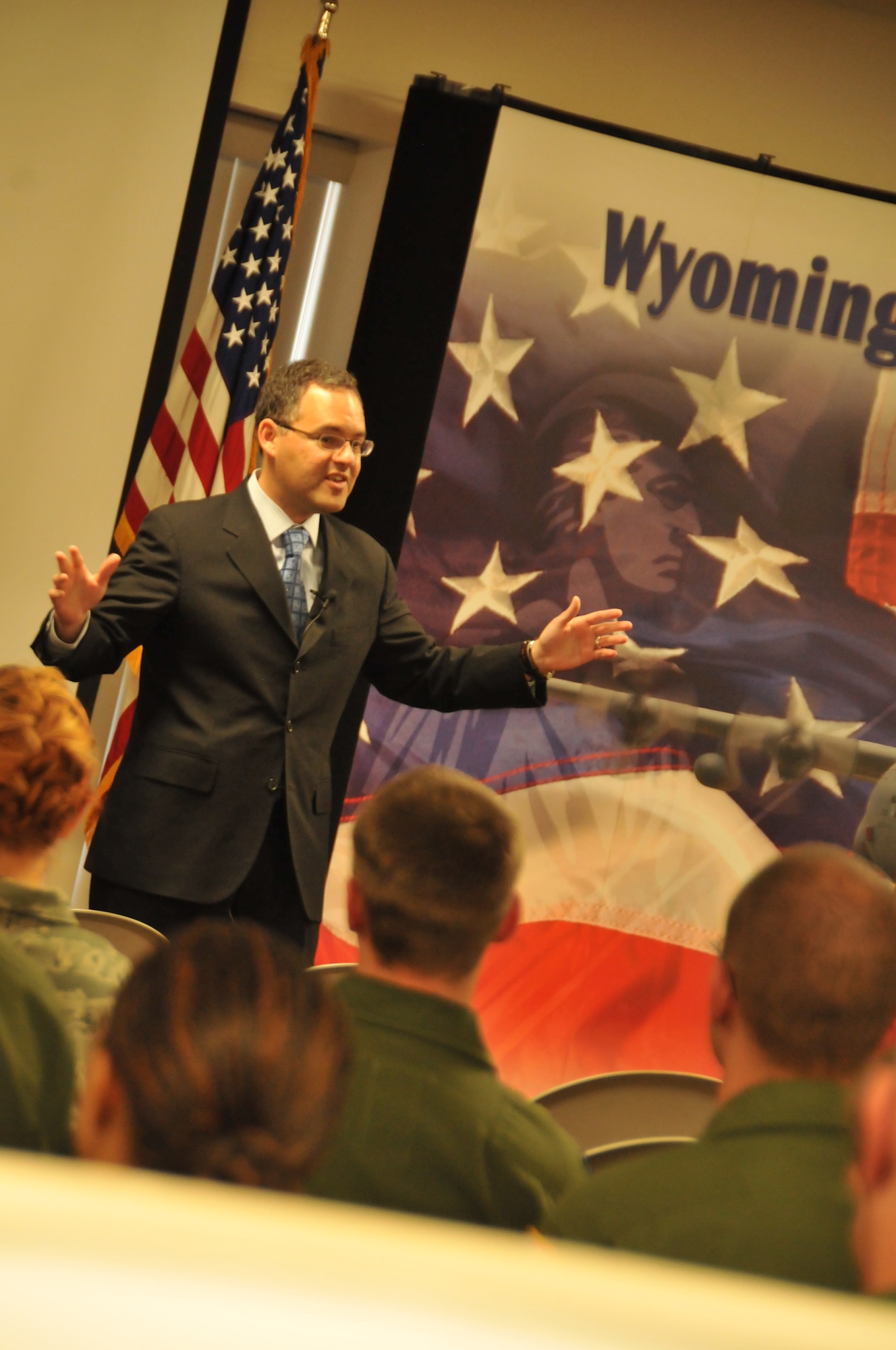 The Honorable Daniel B. Ginsberg, Assistant Secretary of the Air Force for Manpower and Reserve Affairs, speaks to Airmen of the Wyoming Air National Guard March 20, 2012, at an all call during a visit to Cheyenne, Wyo. Mr. Ginsberg took time for questions addressing budgets and the future role of the Air National Guard. (U.S. Air Force photo by 1st Lt. Rusty Ridley)